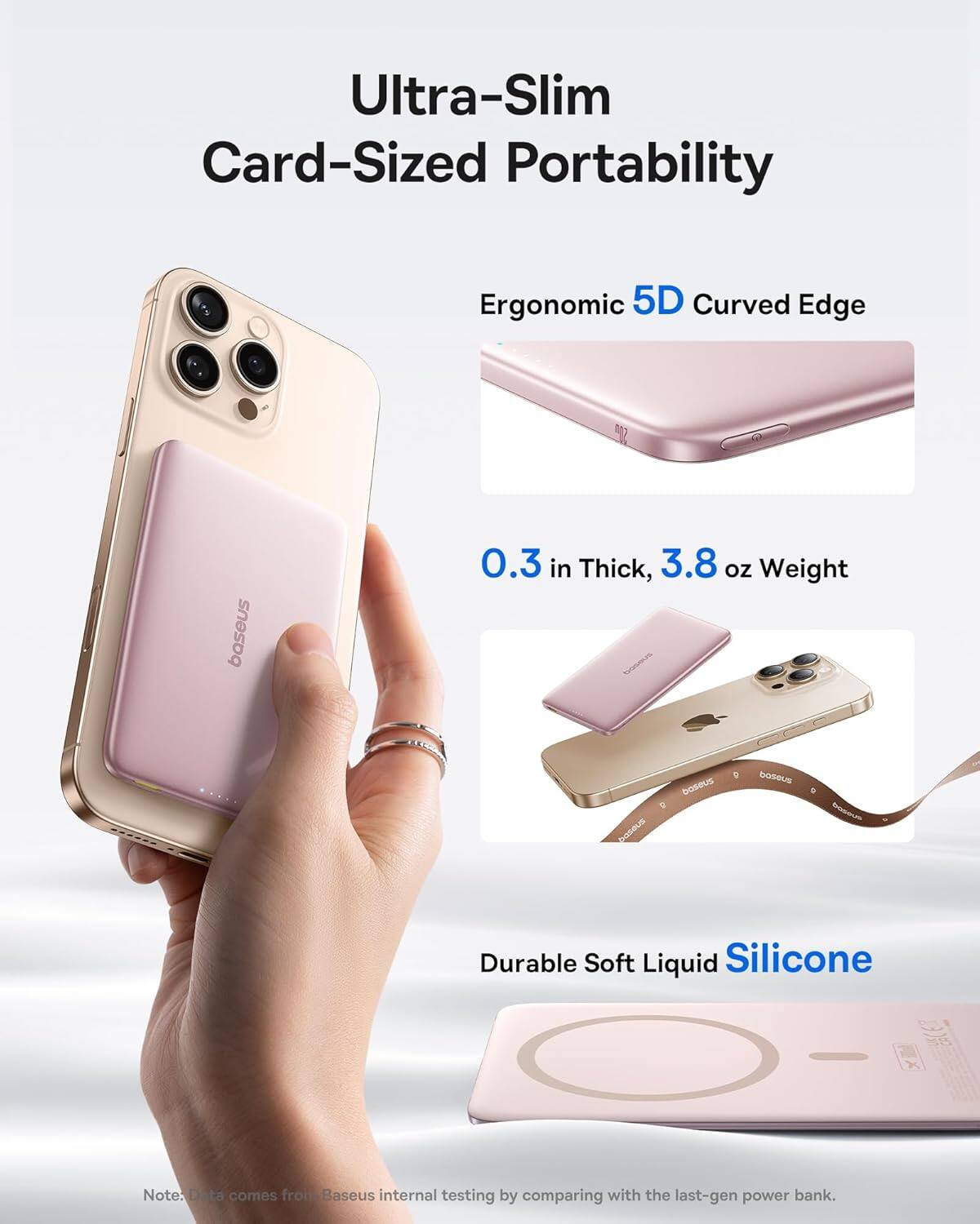 Ultra-Slim Card-Sized Portability

Ergonomic 5D Curved Edge

0.3 in Thick, 3.8 oz Weight

Durable Soft Liquid Silicone

Note: Data comes from Baseus internal testing by comparing with the last-gen power bank.