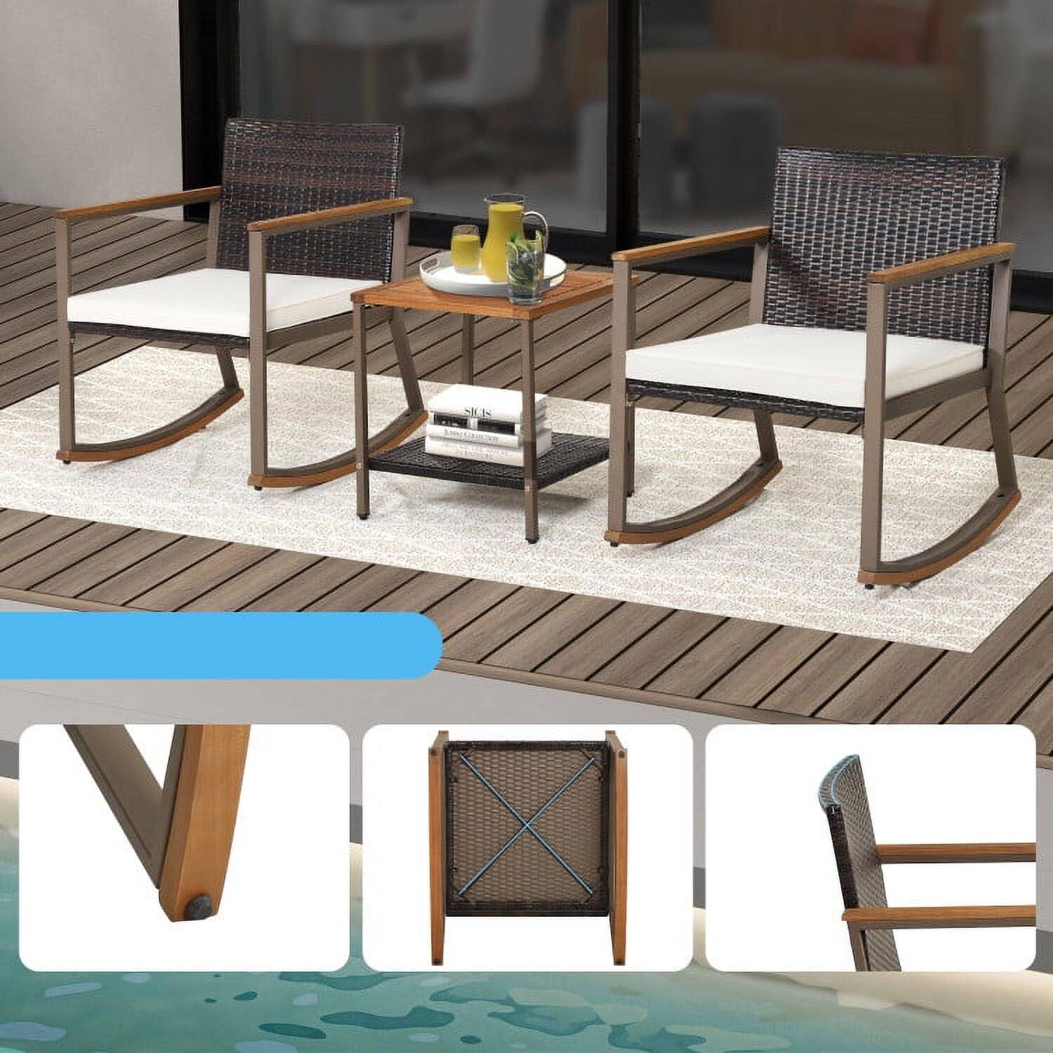 Alt View 2. Kadyn - 3 Pieces Acacia Wood Rocking Bistro Set, Outdoor Furniture Garden Conversation Sets with Coffee Table - White.