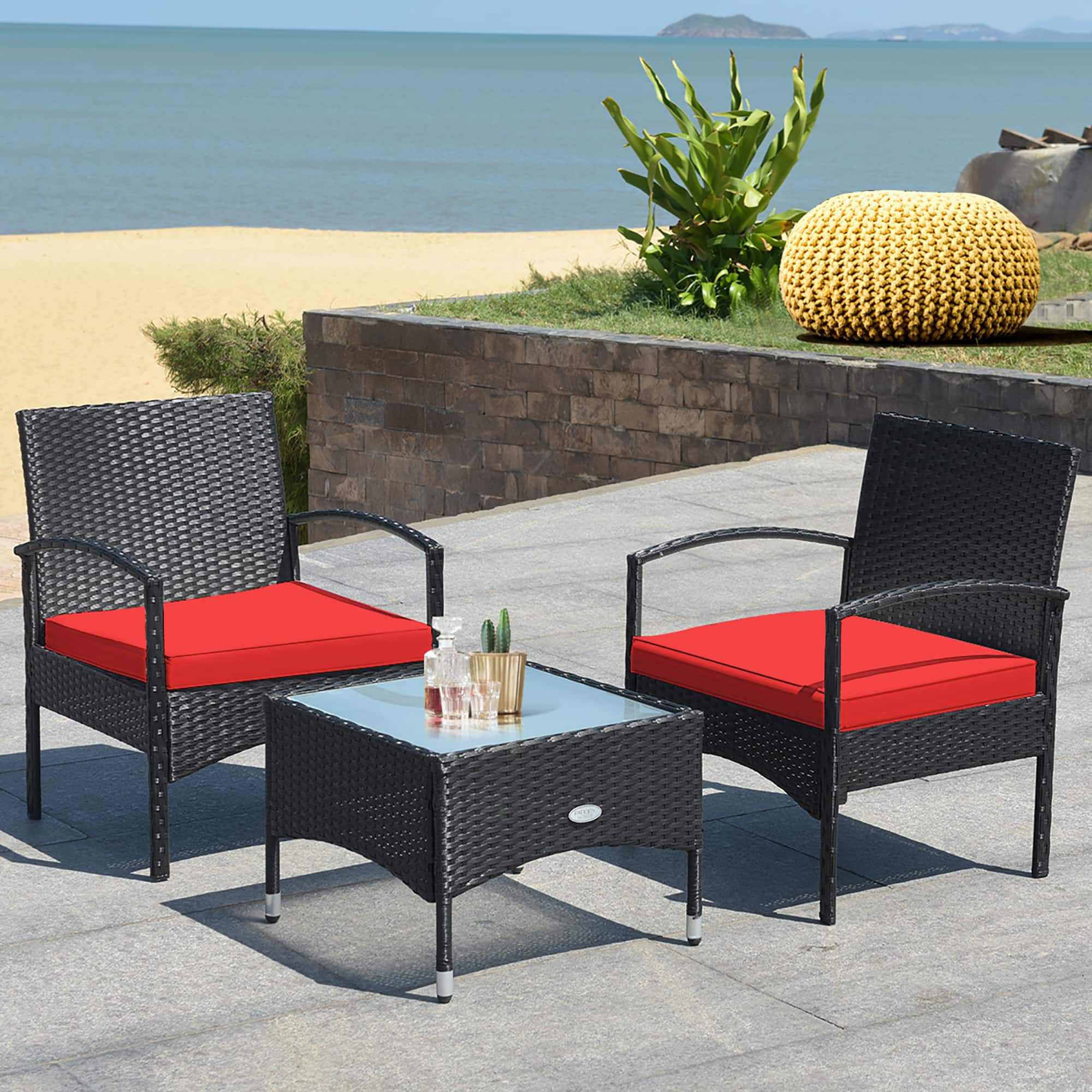 Front. Costway - Costway 3 PCS Patio Wicker Rattan Furniture Set Coffee Table & 2 Rattan Chair W/Cushion - Red.