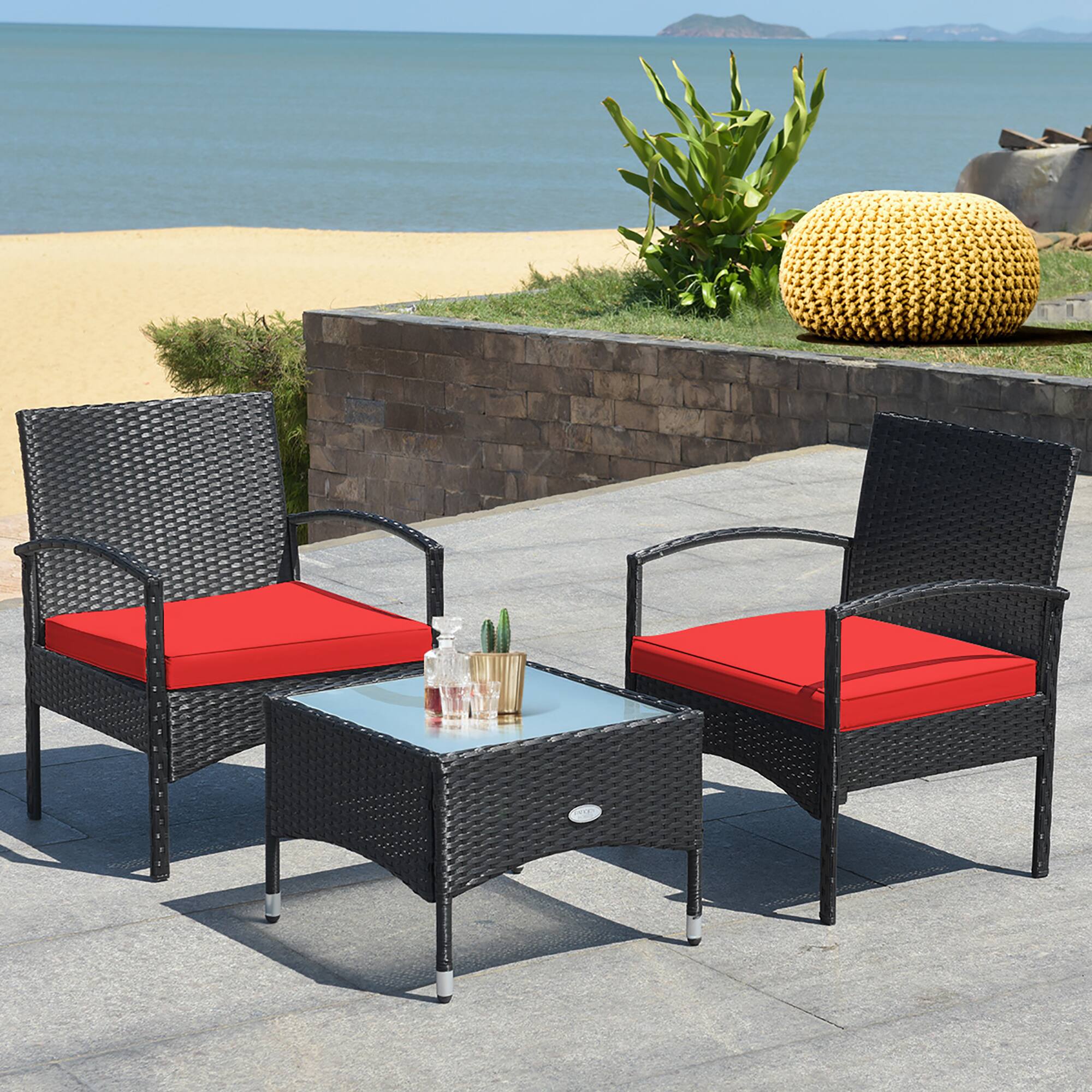 Alt View 1. Costway - Costway 3 PCS Patio Wicker Rattan Furniture Set Coffee Table & 2 Rattan Chair W/Cushion - Red.