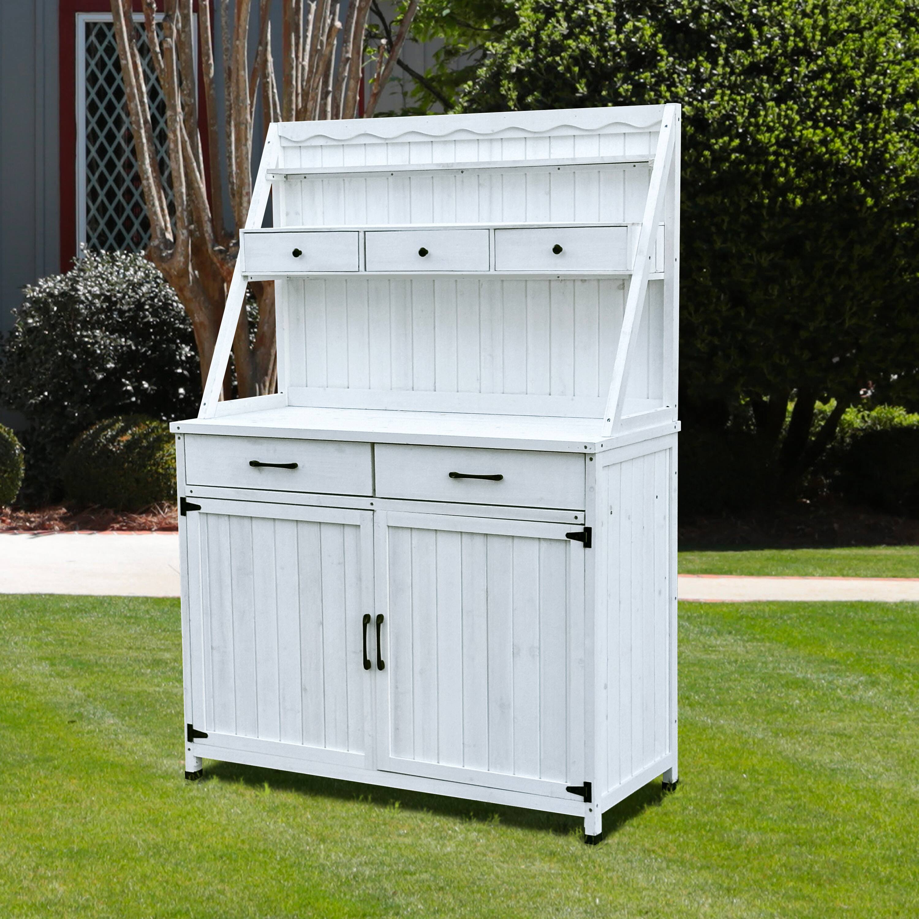 Front. APRILSOUL - Outdoor Potting Bench Table Tableside cabinet Wooden Gardening Table Tabletop and Storage Cabinet Planting Table - White.