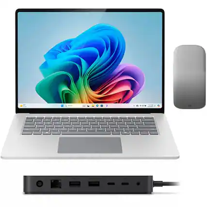 Front. Microsoft - Microsoft Surface Copilot+ PC + Arc Mouse + Surface Thunderbolt 4 Dock - Platinum.