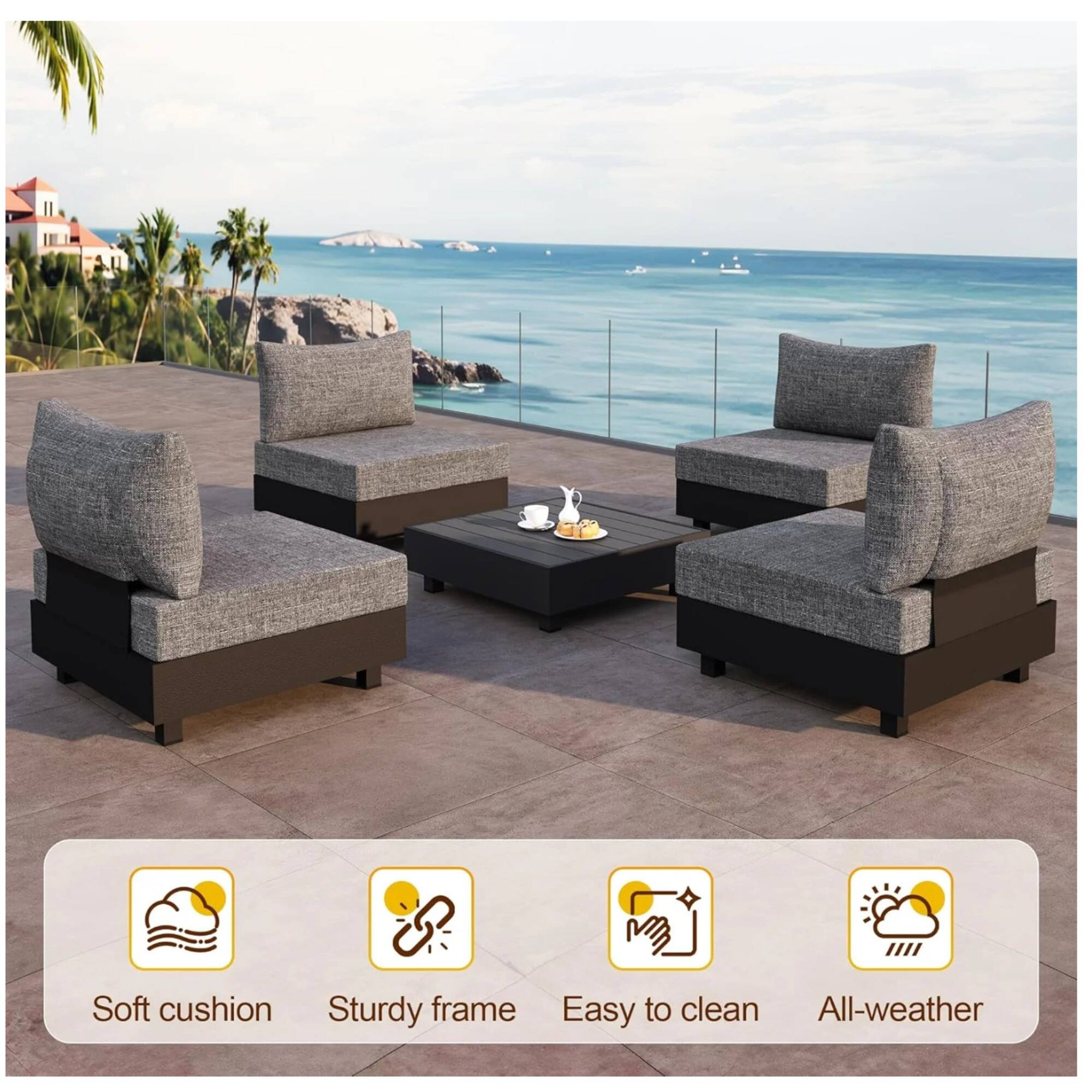 - Soft cushion
- Sturdy frame
- Easy to clean
- All-weather