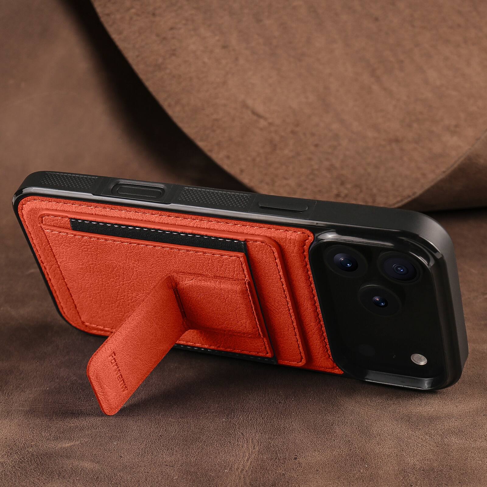 Left. Dteck - Slim Card Holder Case for Apple iPhone 17 Pro Max, Shockproof Wallet Protective Cover with Kickstand - Orange.