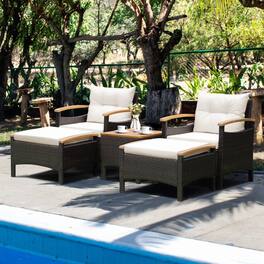 Mondawe - 5-Piece Patio Conversation Set w/ Cushions & Ottomans, Outdoor Rattan Sofa Set with Acacia Wood Table - White