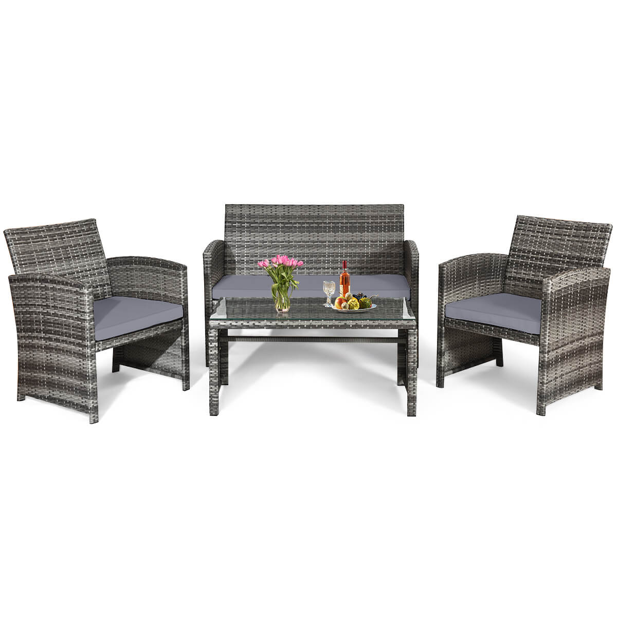 Alt View 4. Gymax - Gymax Set of 4 Rattan Furniture Set Conversation Glass Table Top Cushioned Sofa Patio Mix grey - Mix grey.