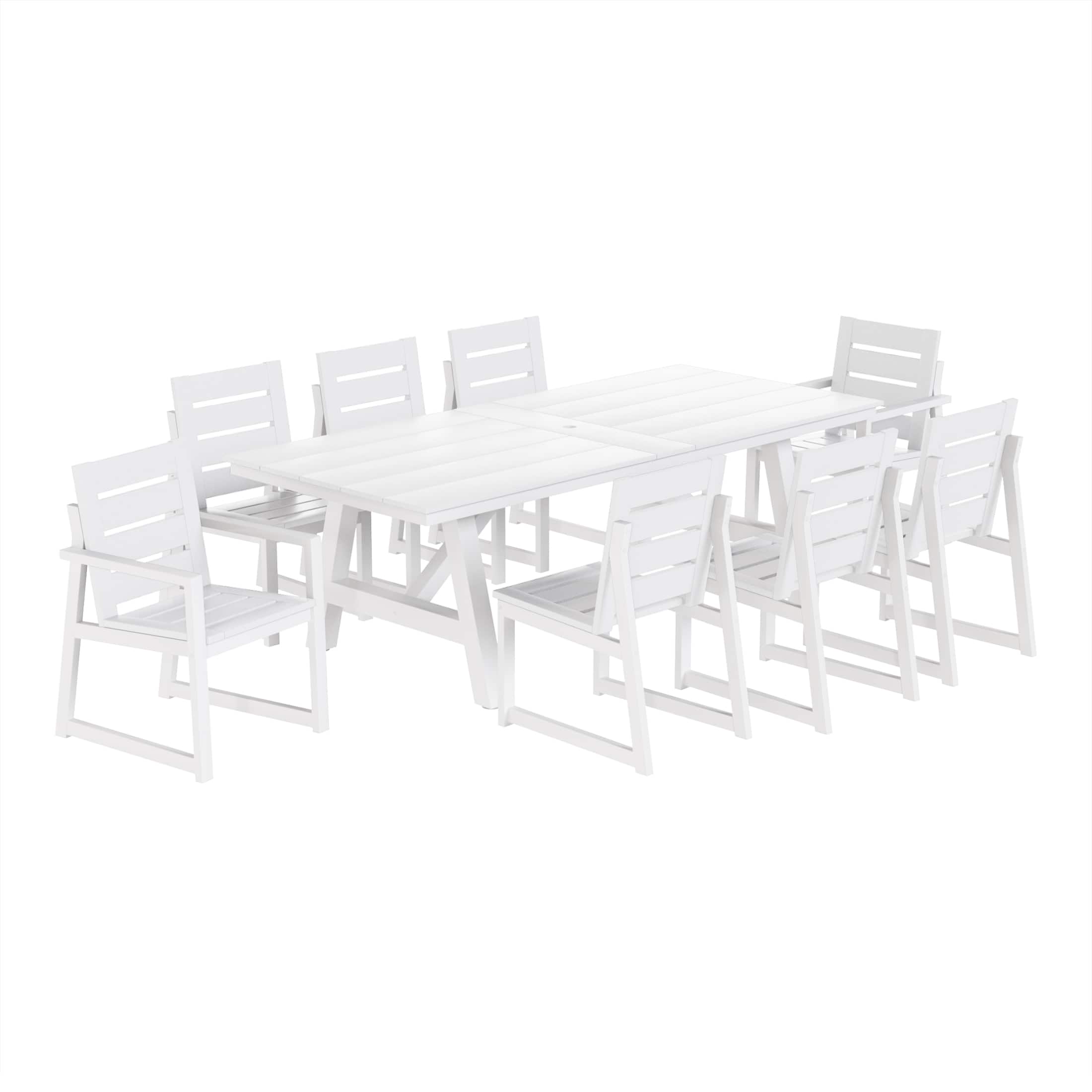 WestinTrends - Cape May 9-Piece HDPE Outdoor Furniture Patio Dining Table With Umbrella Hole and Chairs Set For 8 - White