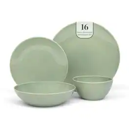 Larder & Vine - 16-Piece Classic Dinnerware Set for 4, Ceramic Stoneware Made in Portugal - Sage