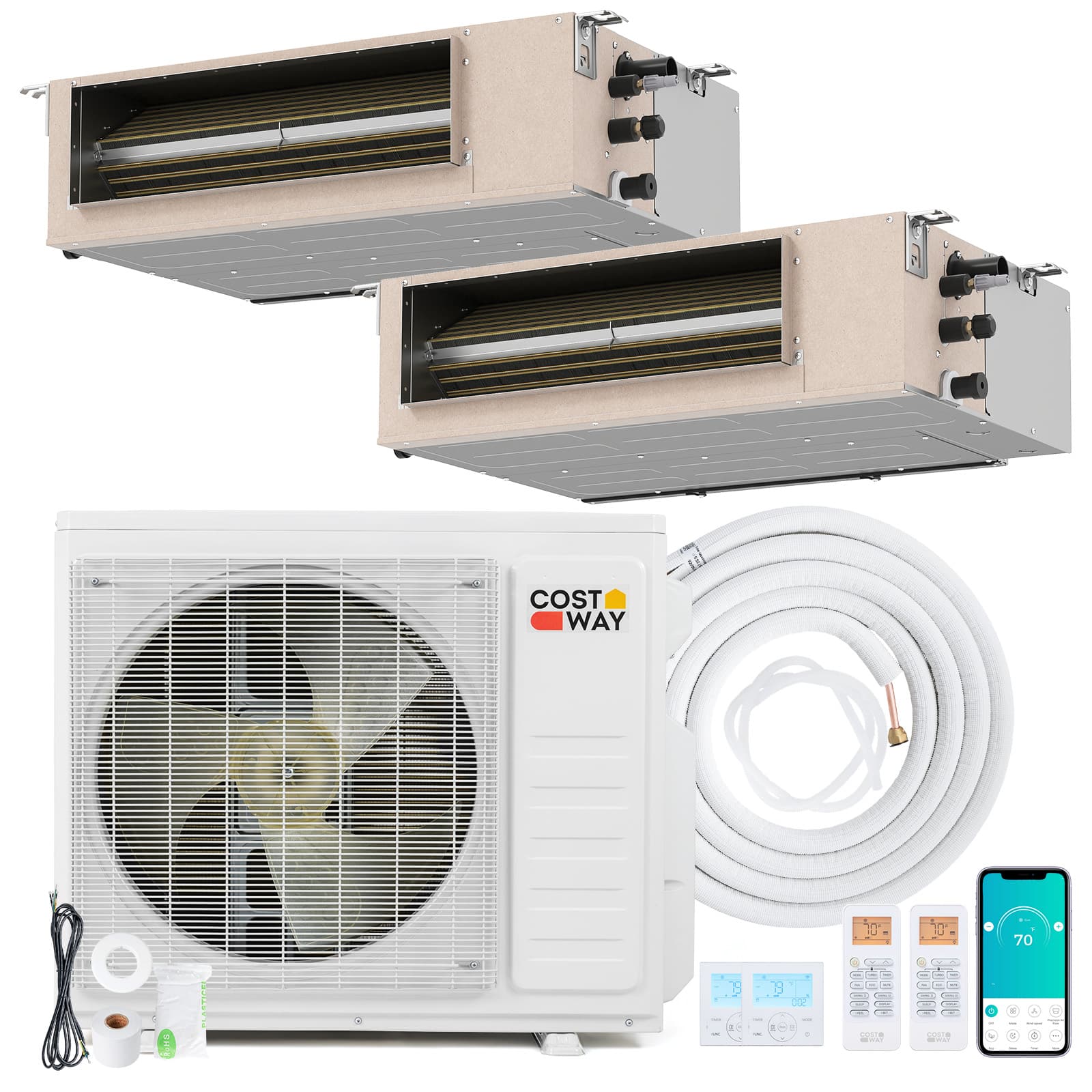 Costway - X-Pro 27000 BTU 2 Zone 18K +18K Concealed Ducted Mini Split AC, 24 SEER2, WiFi Enabled - White