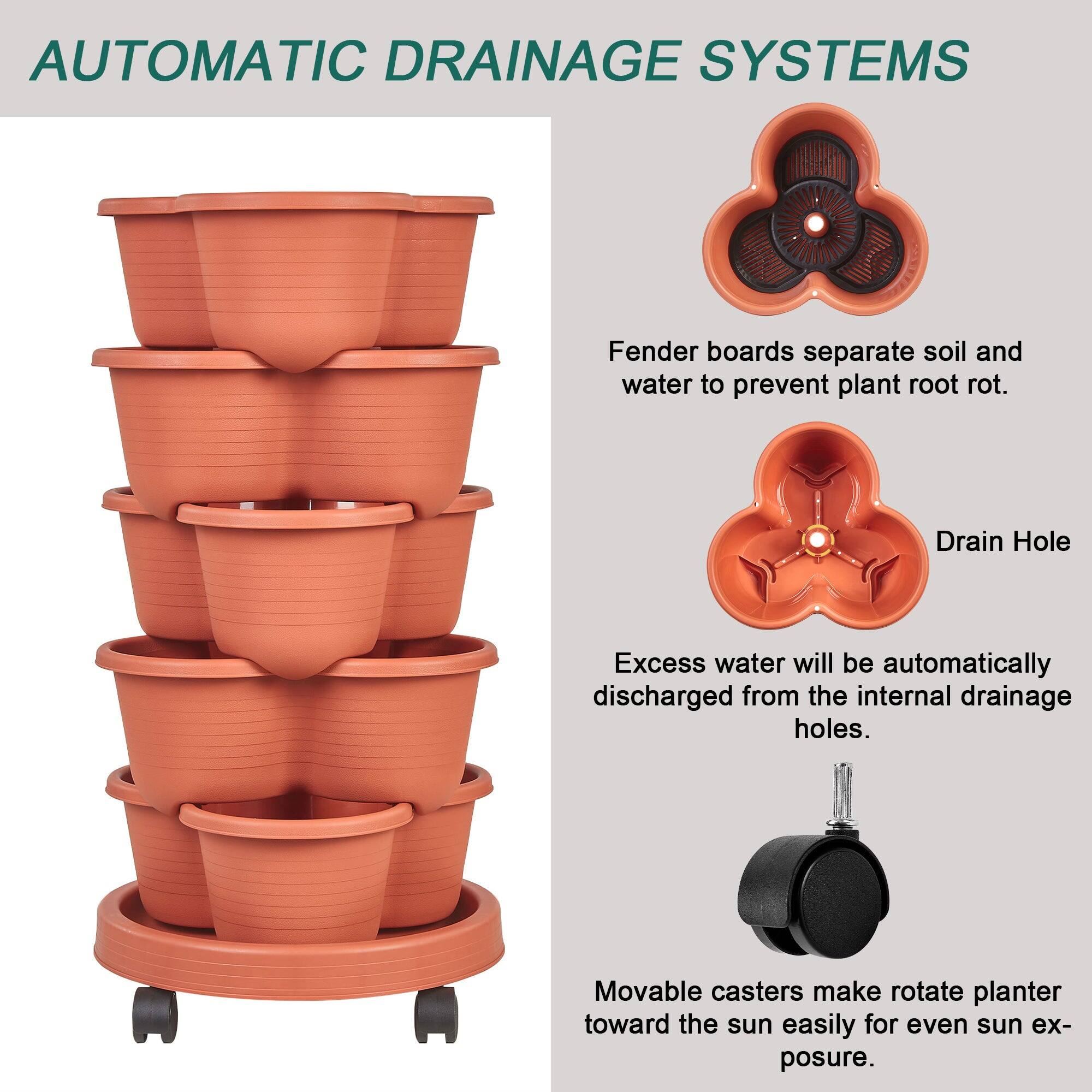 **AUTOMATIC DRAINAGE SYSTEMS**

- **Fender boards** separate soil and water to prevent plant root rot.
- **Drain Hole**: Excess water will be automatically discharged from the internal drainage holes.
- **Movable casters** make rotate planter toward the sun easily for even sun exposure.