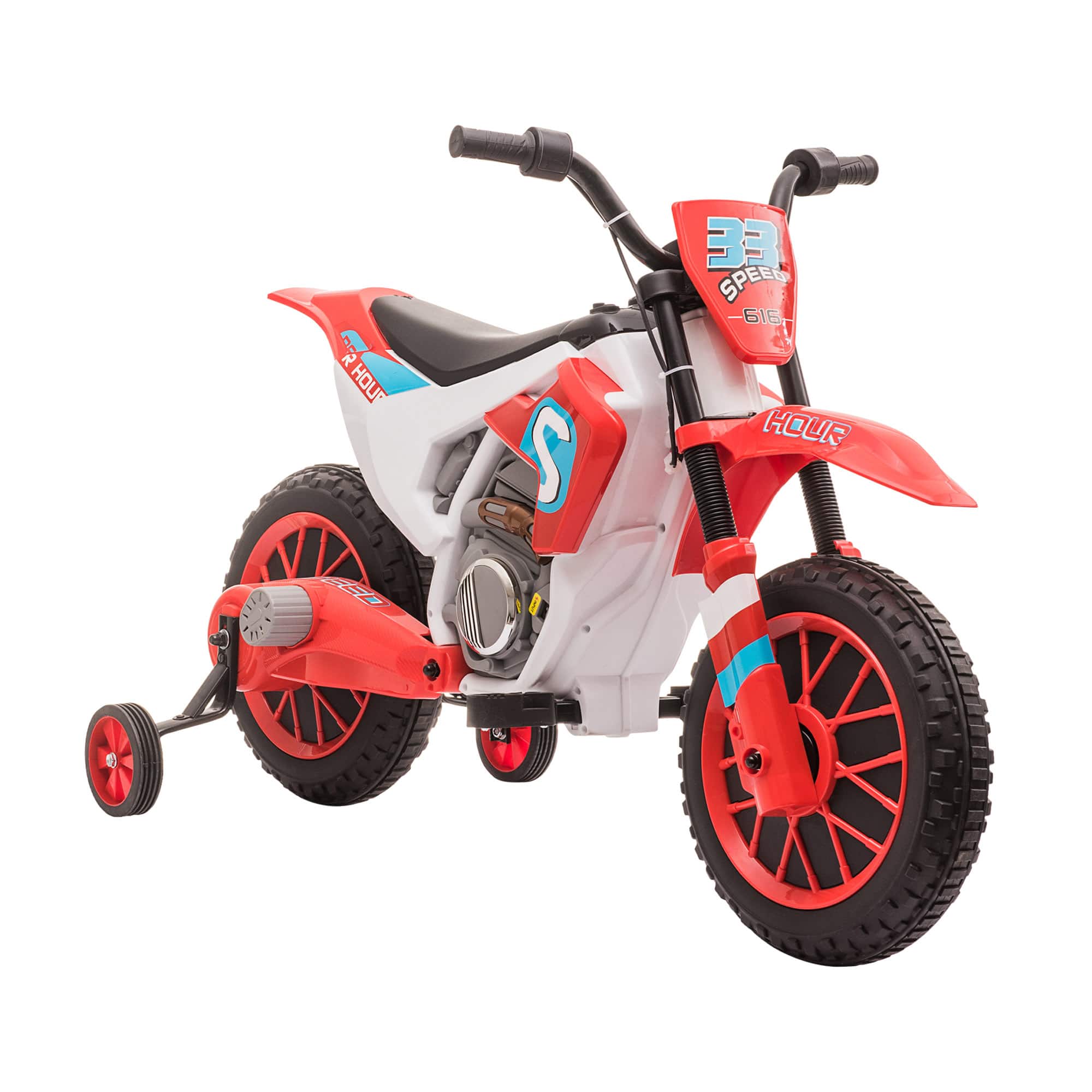 Ecooso - 12V Kids Electric Dirt Bike with Training Wheels, LED Lights & Realistic Design - Red