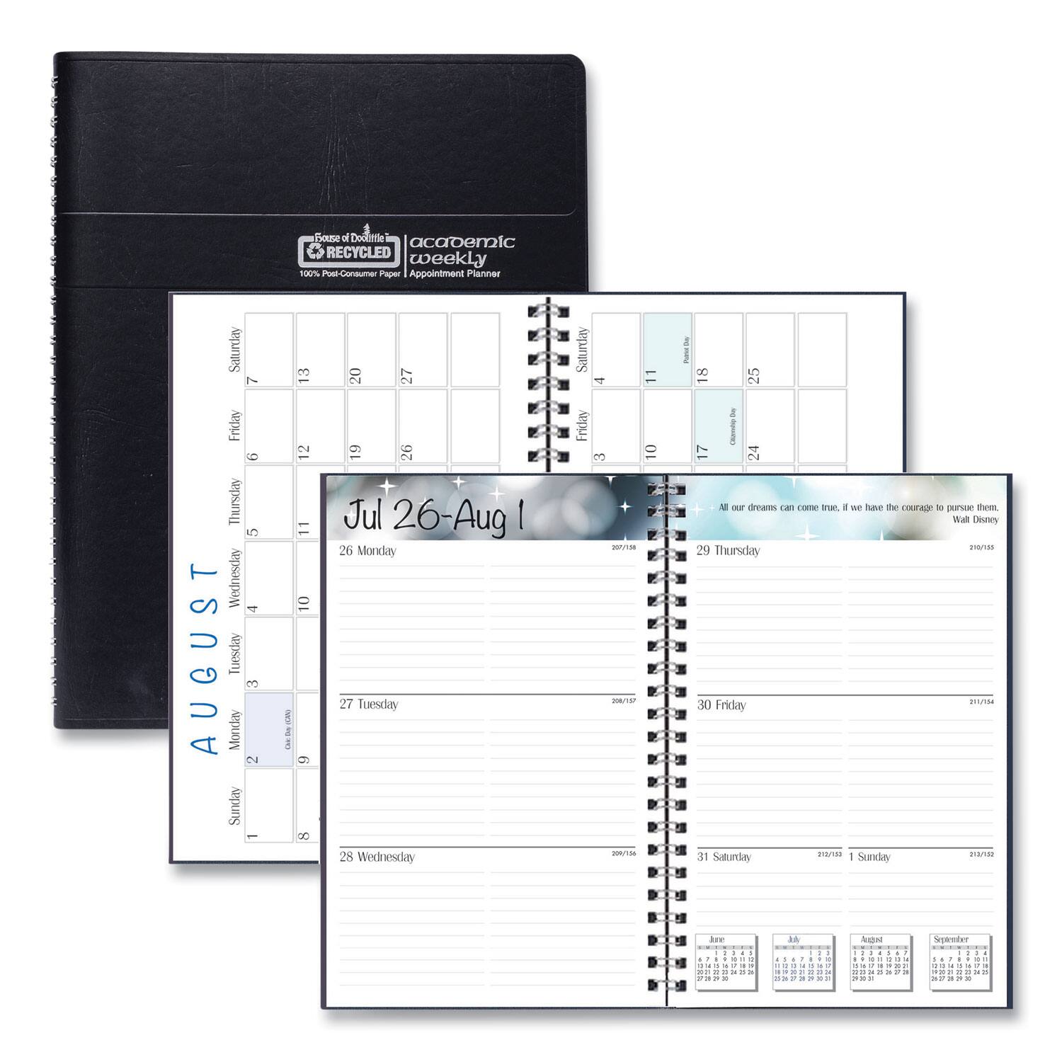 House of Doolittle - Recycled Academic Weekly Monthly Appointment Planner 8 x 5 Black Cover 13 Month Aug 2025 to Aug 2026