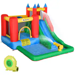 Outsunny - Kids Bounce House, Inflatable Slide, Splash Pool, Water Cannon, Climbing Wall, Outdoor Water Toy