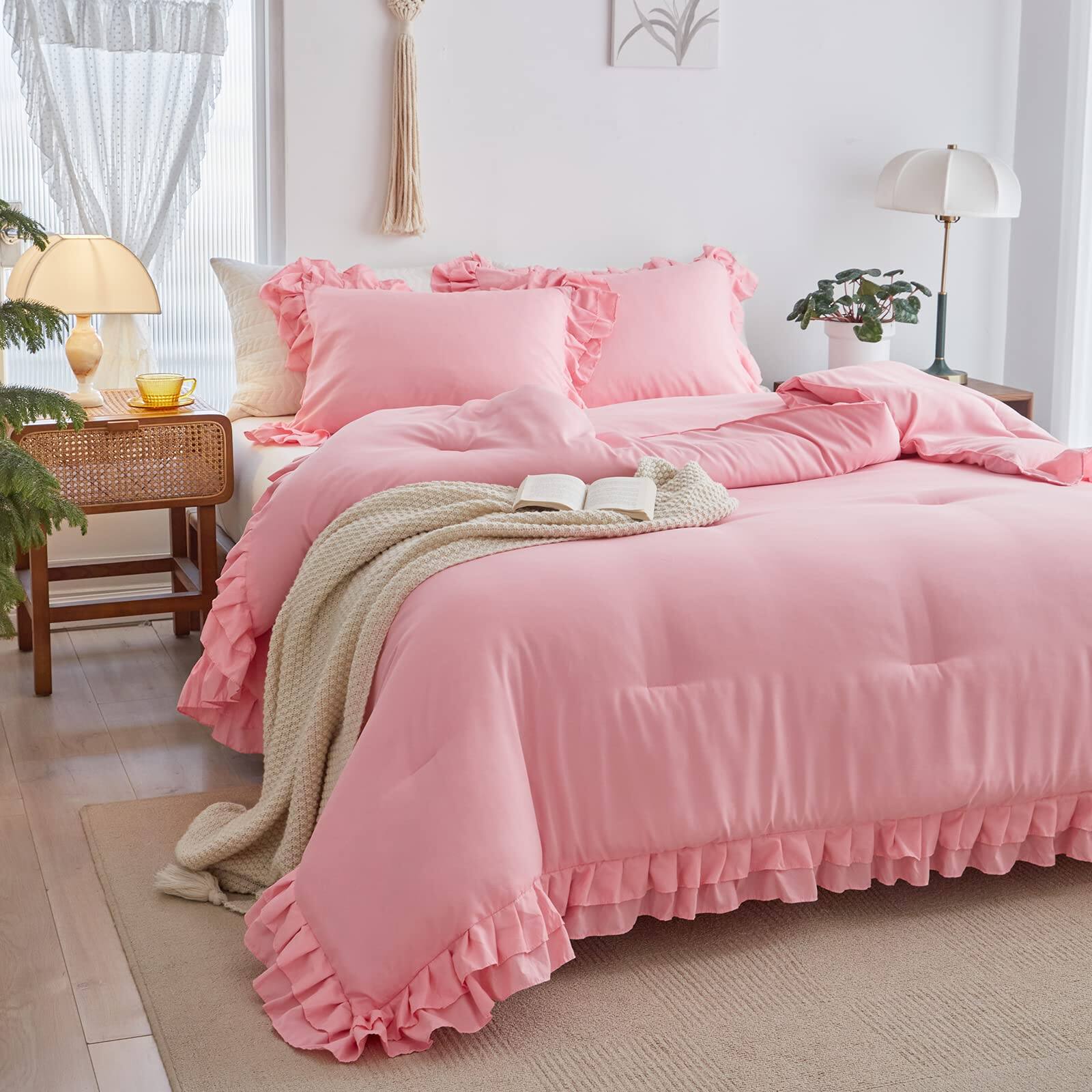 Alt View 3. Cedar Assembly - Ruffled Comforter Set Size 3 Pieces 1 And 2 Pillowcases Farmhouse Shabby Chic Style With Layers Ruffle - Pink-Twin (1 Comforter + 2 Pillow Shams).