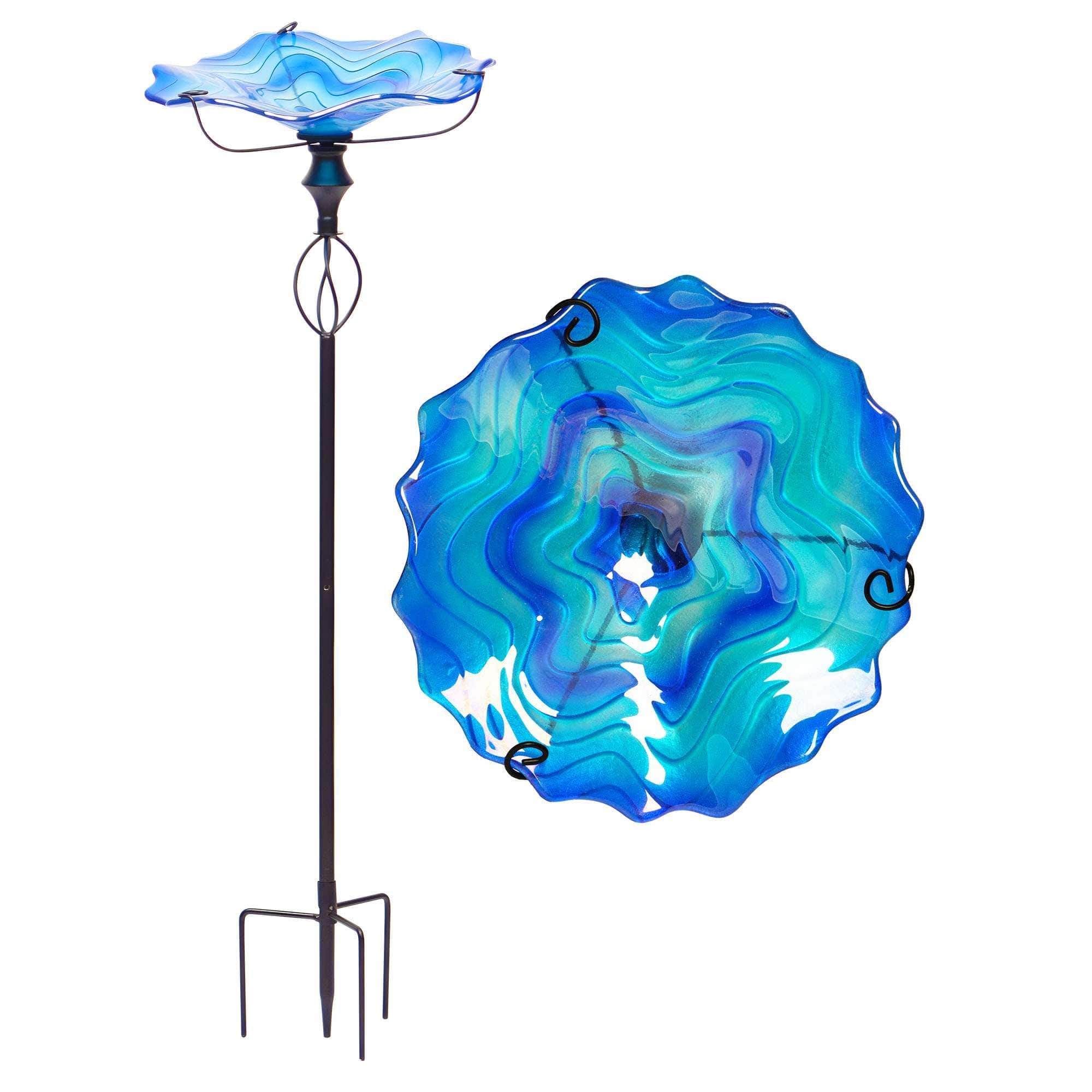 G128 - 32 Inch Glass Bird Bath with Metal Stake - Decorative Outdoor Garden Feeder - Blue price history on PriceWatchPro
