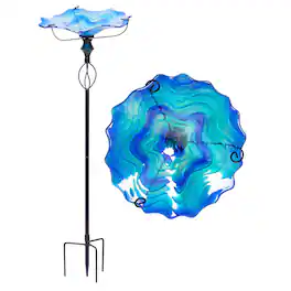 G128 - 32 Inch Glass Bird Bath with Metal Stake - Decorative Outdoor Garden Feeder - Blue