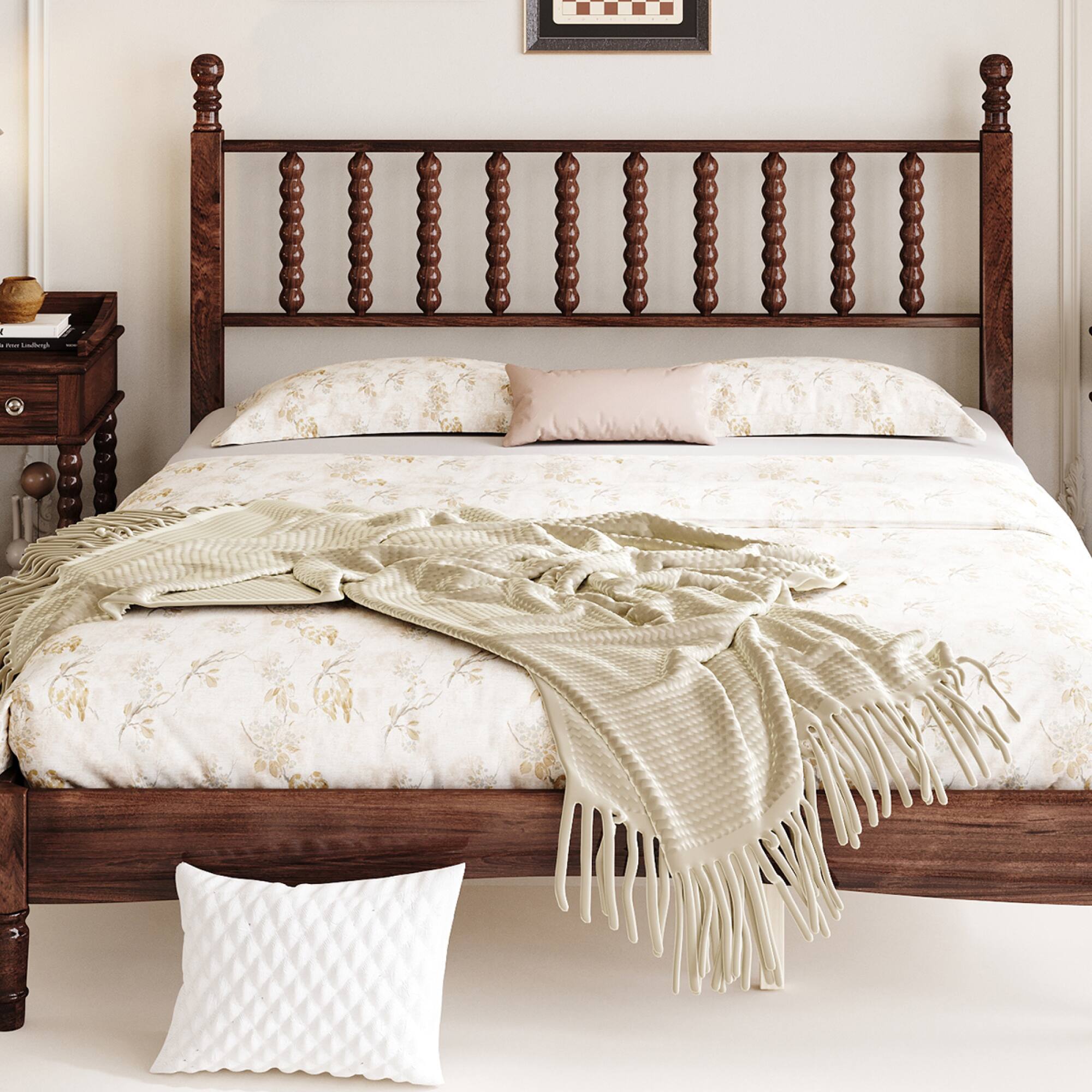 Alt View 7. GOODSILO - Queen Size Retro Wood Platform Bed with Gourd Shaped Headboard and Wooden Slat Support - Walnut.