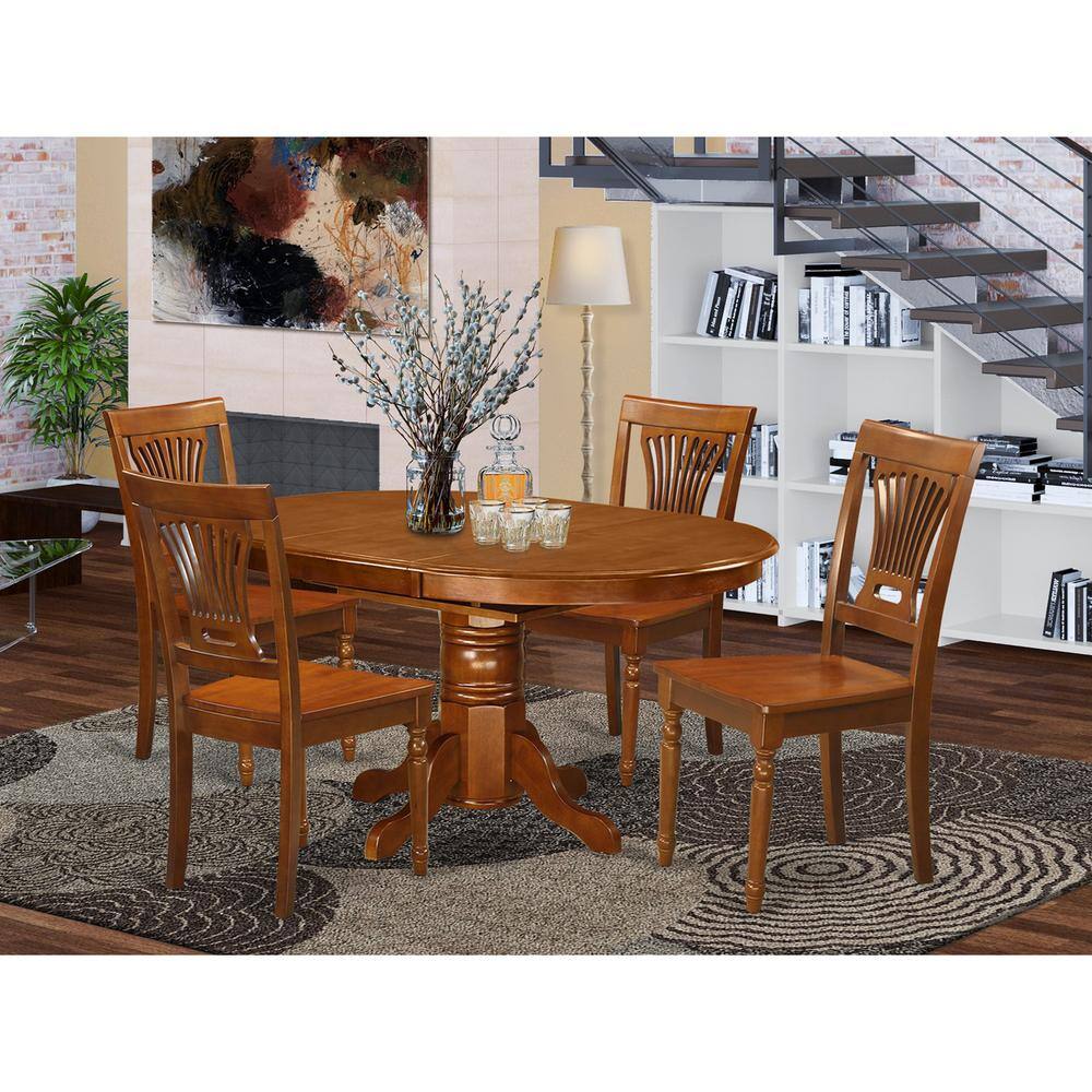 Back. East West Furniture - 5 Pc Avon Dining Table featuring Leaf and 4 hard wood Chairs in Saddle Brown . - Saddle Brown.