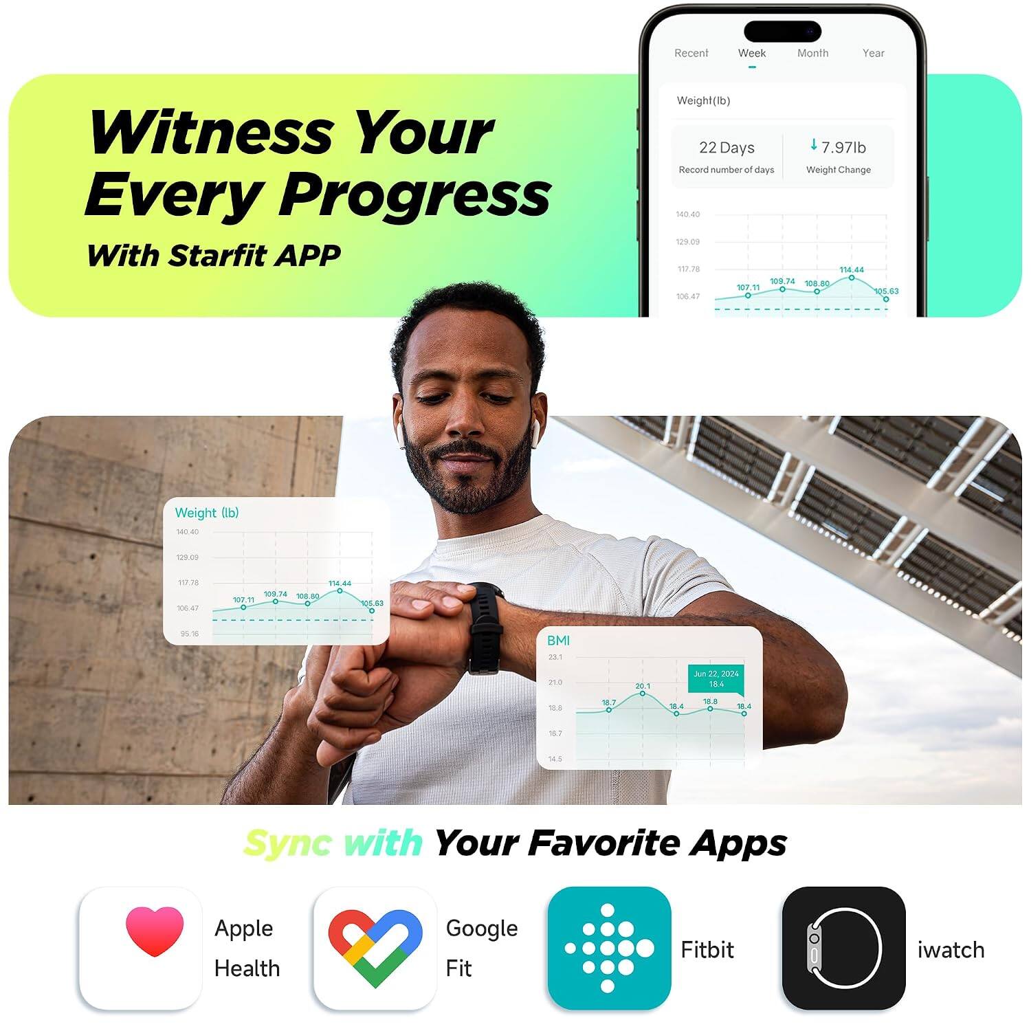 Recent  
Week  
Month  
Year  

Witness Your Every Progress With Starfit APP  

Weight (lb)  
22 Days  
7.97lb  
Record number of days  
Weight Change  
140.40  
129.09  
117.78  
114.44  
109.74  
108.80  
107.11  
0  
0  
105.63  
106.47  
0  

BMI  
23.1  
21.0  
18.8  
18.7  
20.1  

RA  
Jun 22 2024  
184  
18.8  
0  
18.4  
0  
16.7  
14.5  

Sync with Your Favorite Apps  
Apple Health  
Google Fit  
Fitbit  
iwatch