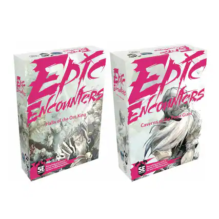 Epic Encounters
Halls of the Orc King
Epic Encounters
Caverns of the Frost Giant
Everything you need for an Epic 5E roleplaying game.