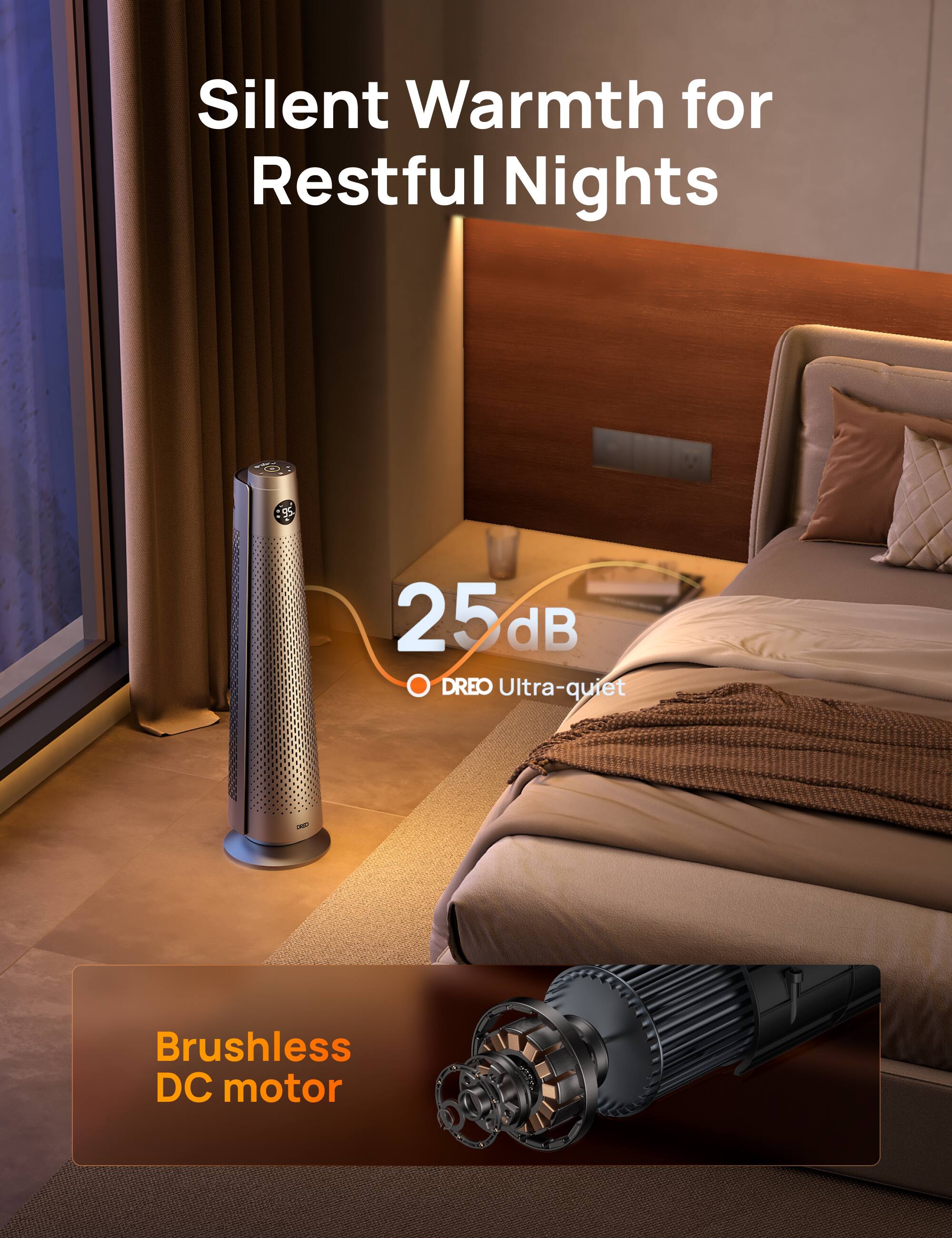 Silent Warmth for Restful Nights, 25 dB, O DREO Ultra-quiet, Brushless DC motor