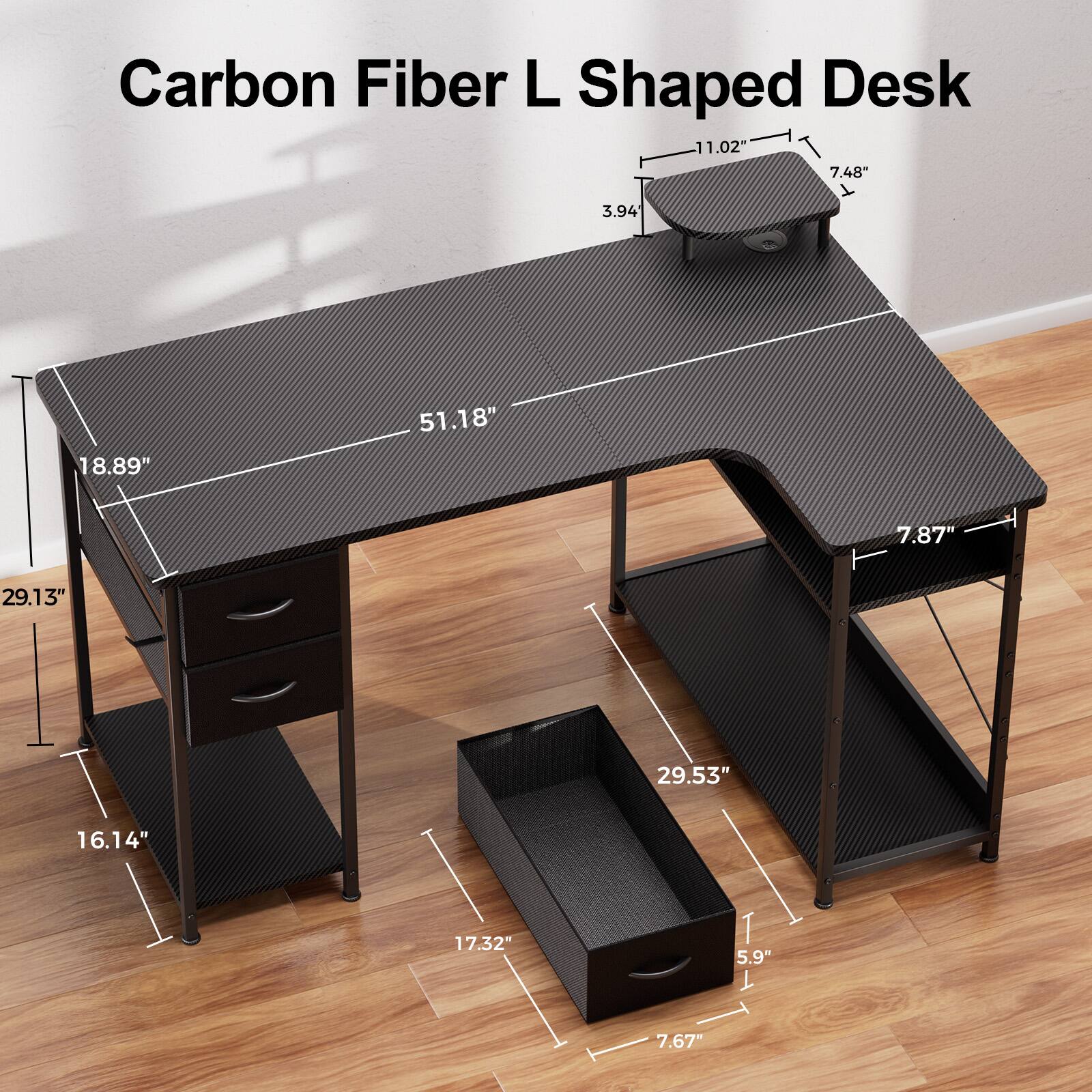 Carbon Fiber L Shaped Desk 11.02" 7.48" A 3.94 18.89 51.18" 7.87" 29.13" 29.53" 16.14" 17.32" T 5.9" L 7.67"