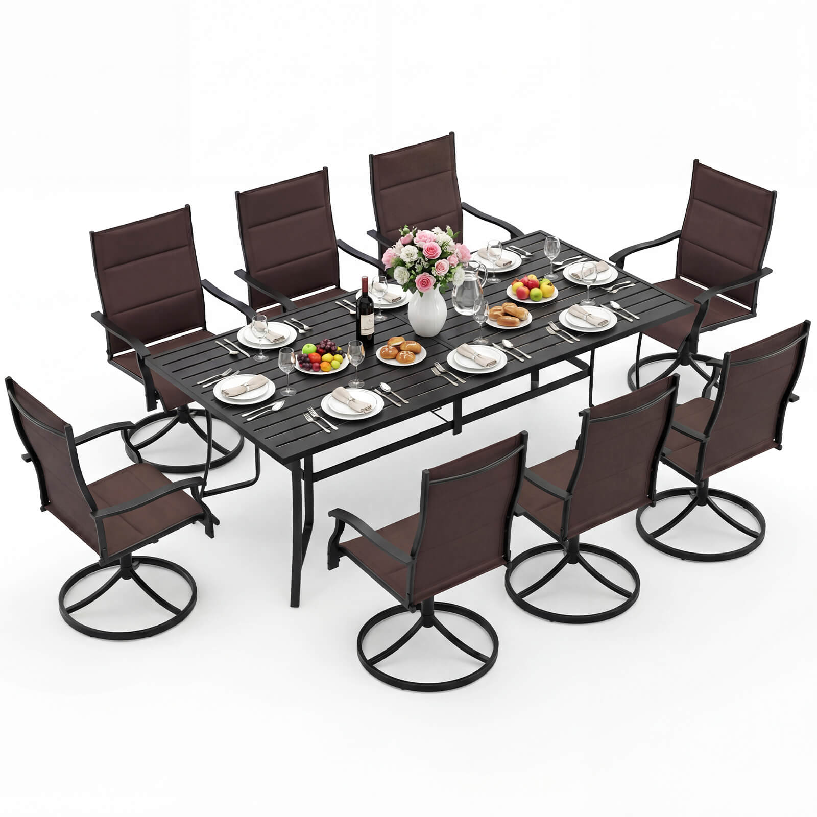 Costway - 9PCS Outdoor Dining Set, 76" Rectangular Patio Table with Umbrella Hole for Balcony - Black + Brown