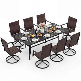 Costway - 9PCS Outdoor Dining Set, 76" Rectangular Patio Table with Umbrella Hole for Balcony - Black + Brown