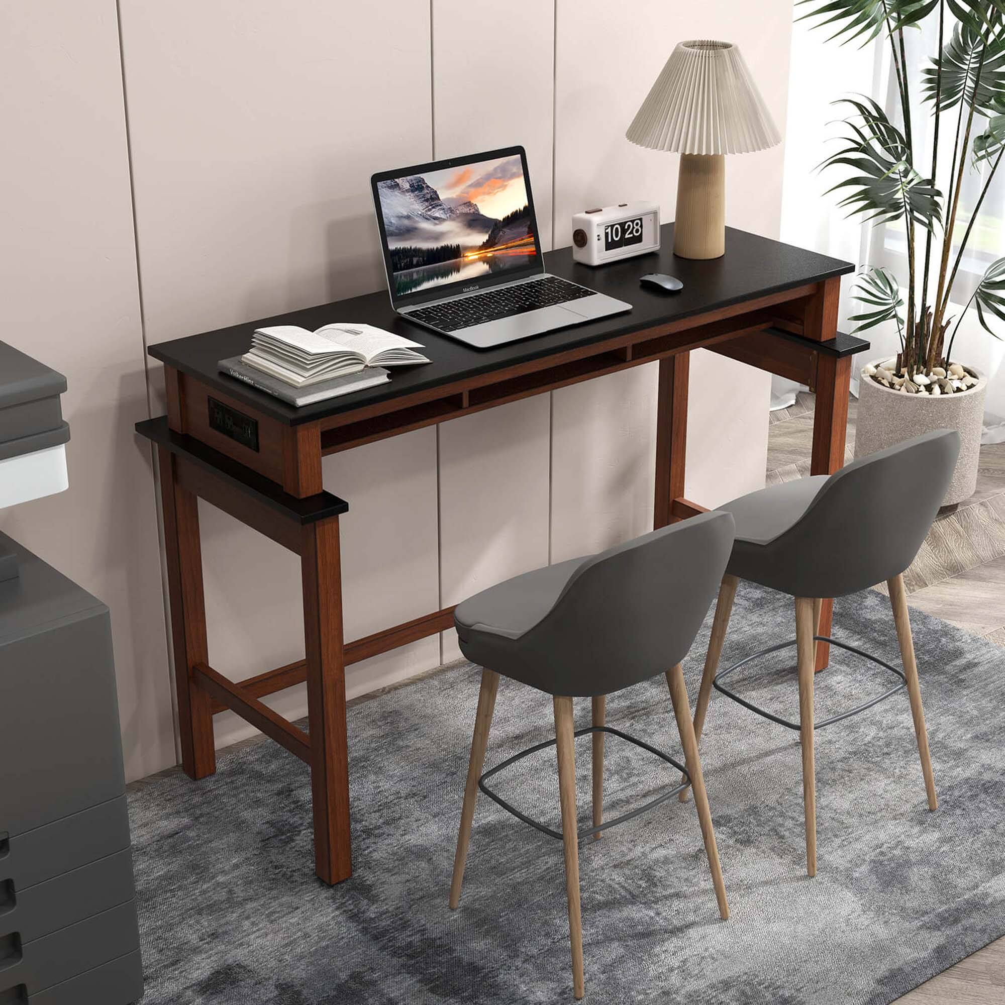 Alt View 5. Costway - Bar Table with Power Outlets Counter Height Table with Storage Compartments Wooden - Black.