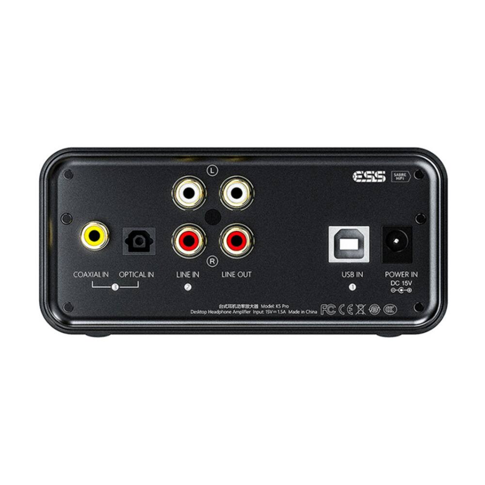 Sure, here is the corrected and grouped text from the image:

---

**ES Pro Desktop Headphone Amplifier**

- **Input:**
  - Coaxial In
  - Optical In
  - Line In (L)
  - Line In (R)

- **Output:**
  - Line Out (L)
  - Line Out (R)

- **Other Ports:**
  - USB In
  - Power In (DC 15V)

- **Model:**
  - ES Pro

- **Specifications:**
  - Input: 15V = 1.5A

- **Certifications:**
  - FC
  - CE
  - RoHS

- **Made in China**

---

This text is organized to reflect the layout and information provided on the device.