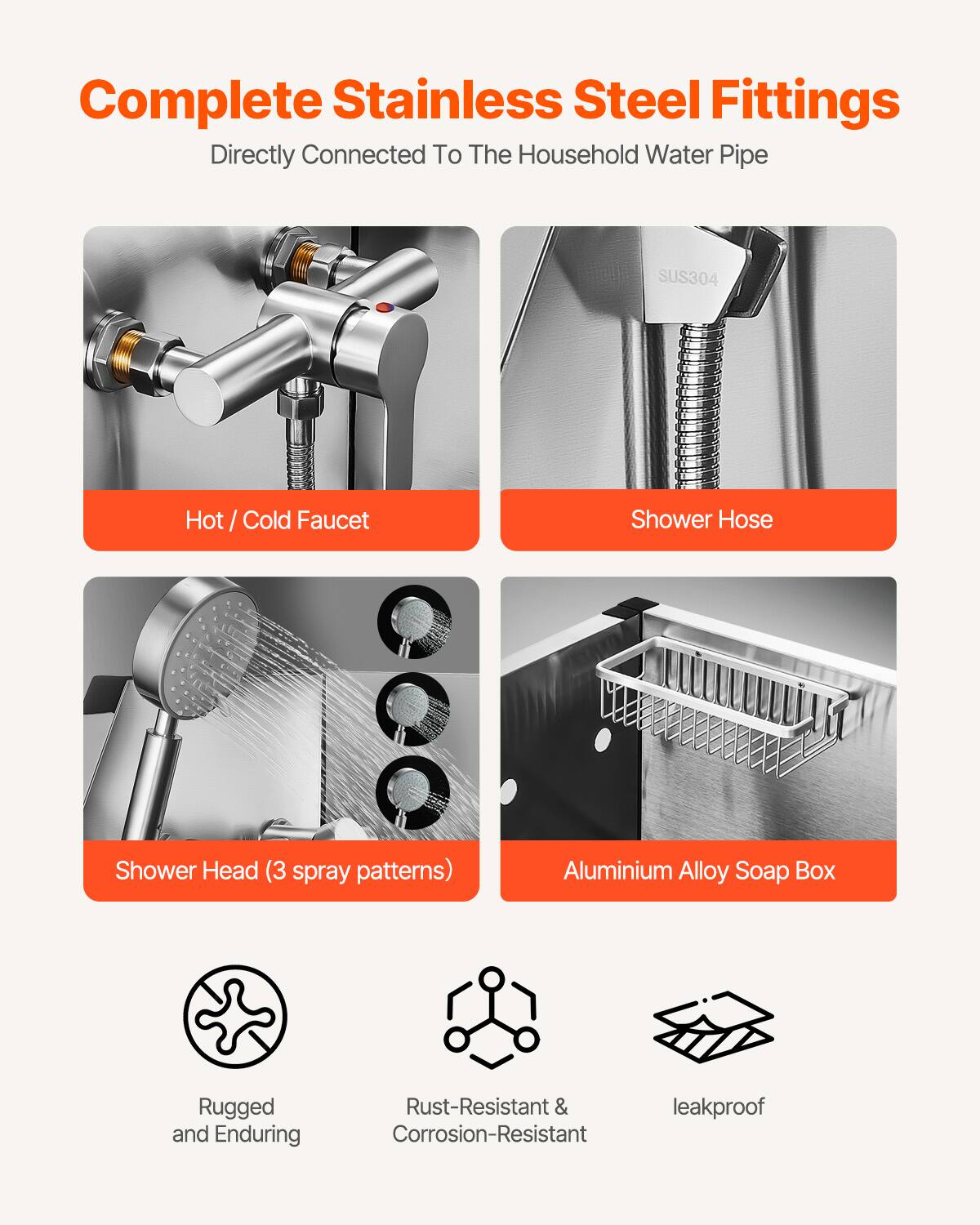 Complete Stainless Steel Fittings Directly Connected To The Household Water Pipe SUS304 Hot / Cold Faucet Shower Hose Shower Head (3 spray patterns) Aluminium Alloy Soap Box Rugged and Enduring Rust-Resistant & leakproof Corrosion-Resistant