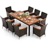 Front. Costway - 9PCS Patio Wicker Dining Set Acacia Wood Table Top Umbrella Hole Cushions Chairs - Beige.