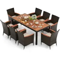 Costway 9PCS Patio Wicker Dining Set Acacia Wood Table Top Umbrella Hole Cushions Chairs - Beige - Front_Zoom