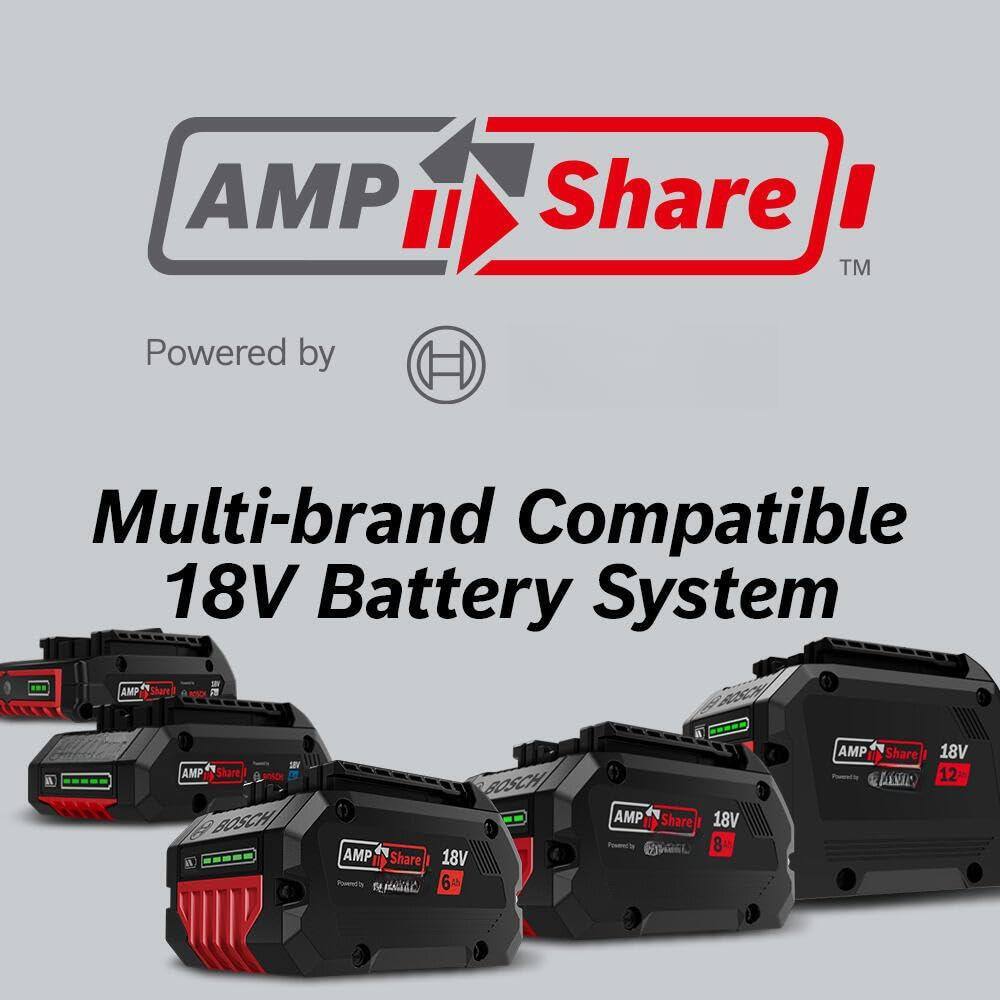AMP Share™  
Powered by  
Multi-brand Compatible 18V Battery System  

AMP Share  
BOSCH 18V 6  
AMP Share 18V L 8  
AMP Share 18V CAS 12
