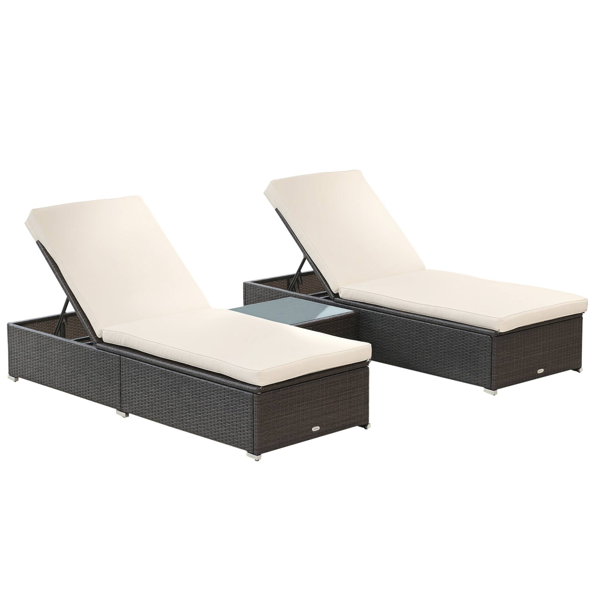 Front. Outsunny - Chaise Lounge Chair Set of 2 with 5 Angle Backrest, Outdoor Coffee Table, Water Repellent Cushions - Mixed Brown/Cream White.