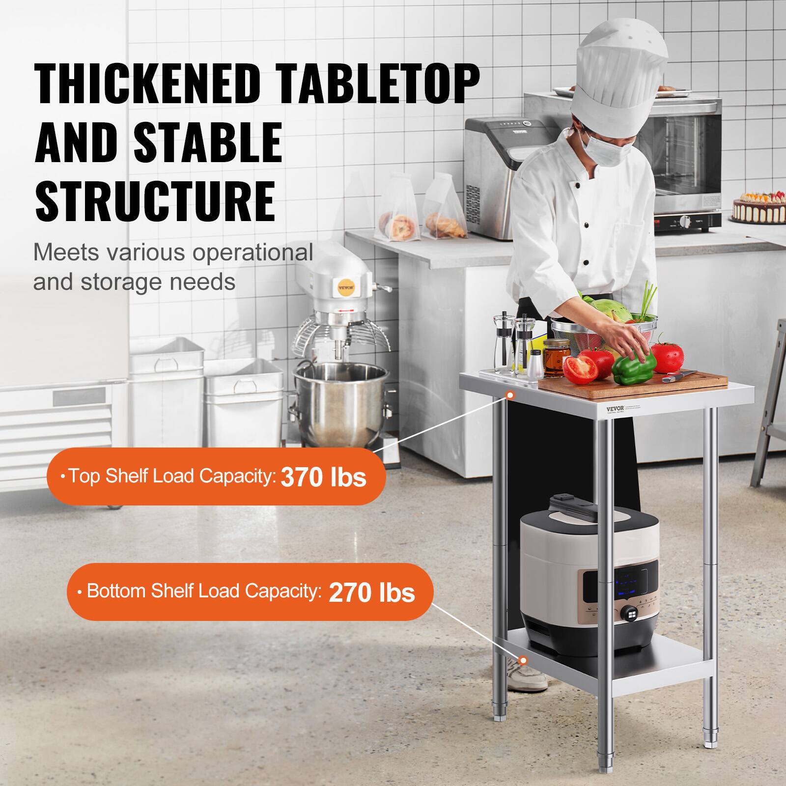 THICKENED TABLETOP AND STABLE STRUCTURE Meets various operational and storage needs -- Top Shelf Load Capacity: 370 lbs Bottom Shelf Load Capacity: 270 lbs