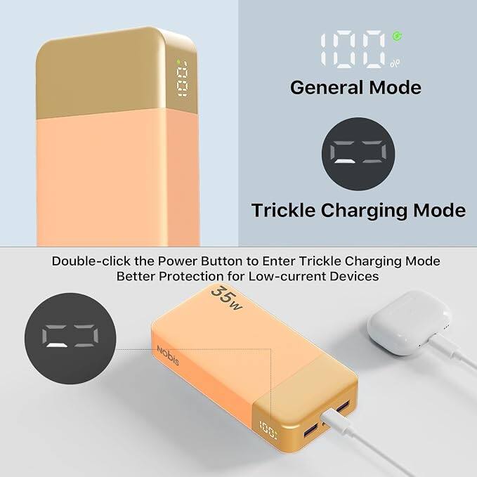 100% General Mode  
Trickle Charging Mode  
Double-click the Power Button to Enter Trickle Charging Mode  
Better Protection for Low-current Devices  
35w  
Nobis