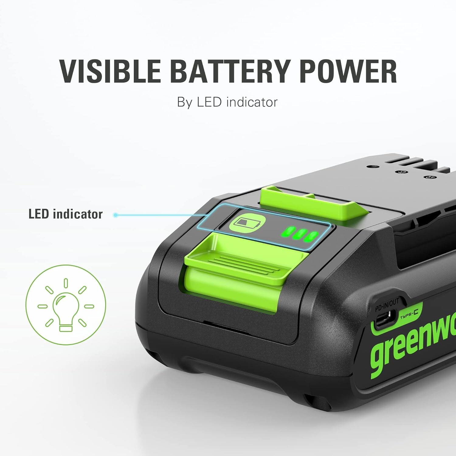 VISIBLE BATTERY POWER  
By LED indicator  

LED indicator  

PD-IN/OUT  
TYPE-C  

greenwave