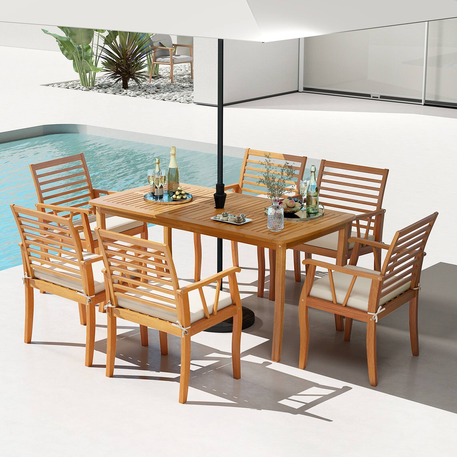 Alt View 7. Gymax - Gymax 63'' Outdoor Dining Table w/ Umbrella Hole Slatted Tabletop for Backyard - Yellow.