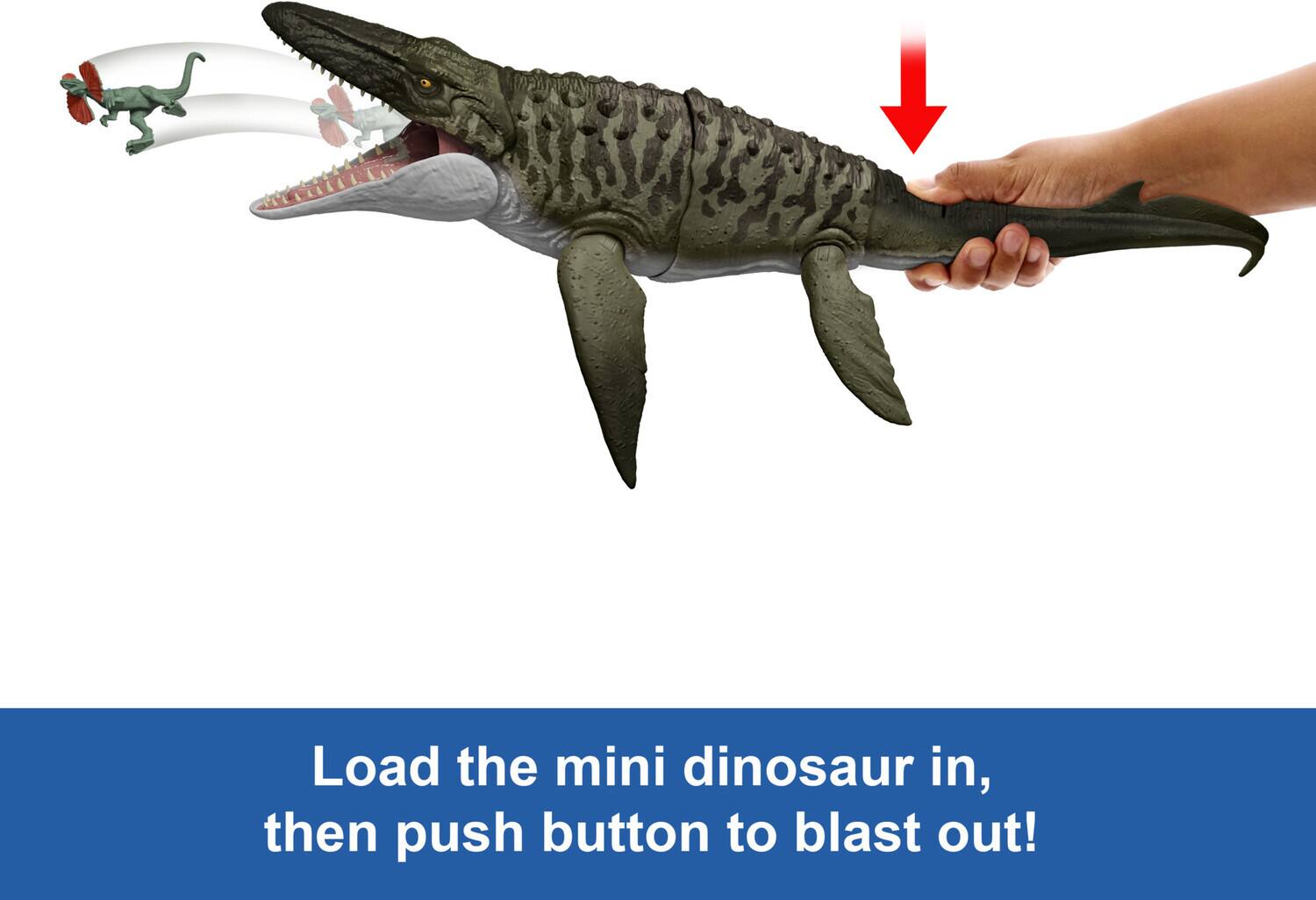Load the mini dinosaur in, then push button to blast out!
