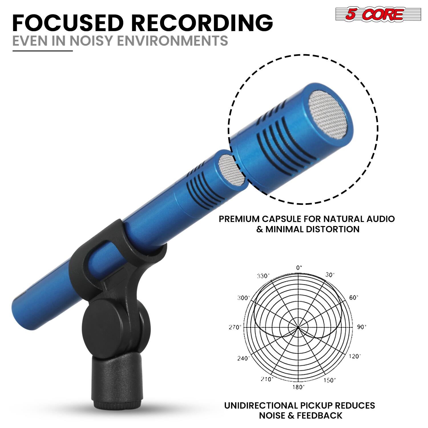 FOCUSED RECORDING  
EVEN IN NOISY ENVIRONMENTS  

5 CORE PREMIUM CAPSULE FOR NATURAL AUDIO & MINIMAL DISTORTION  

UNIDIRECTIONAL PICKUP REDUCES NOISE & FEEDBACK