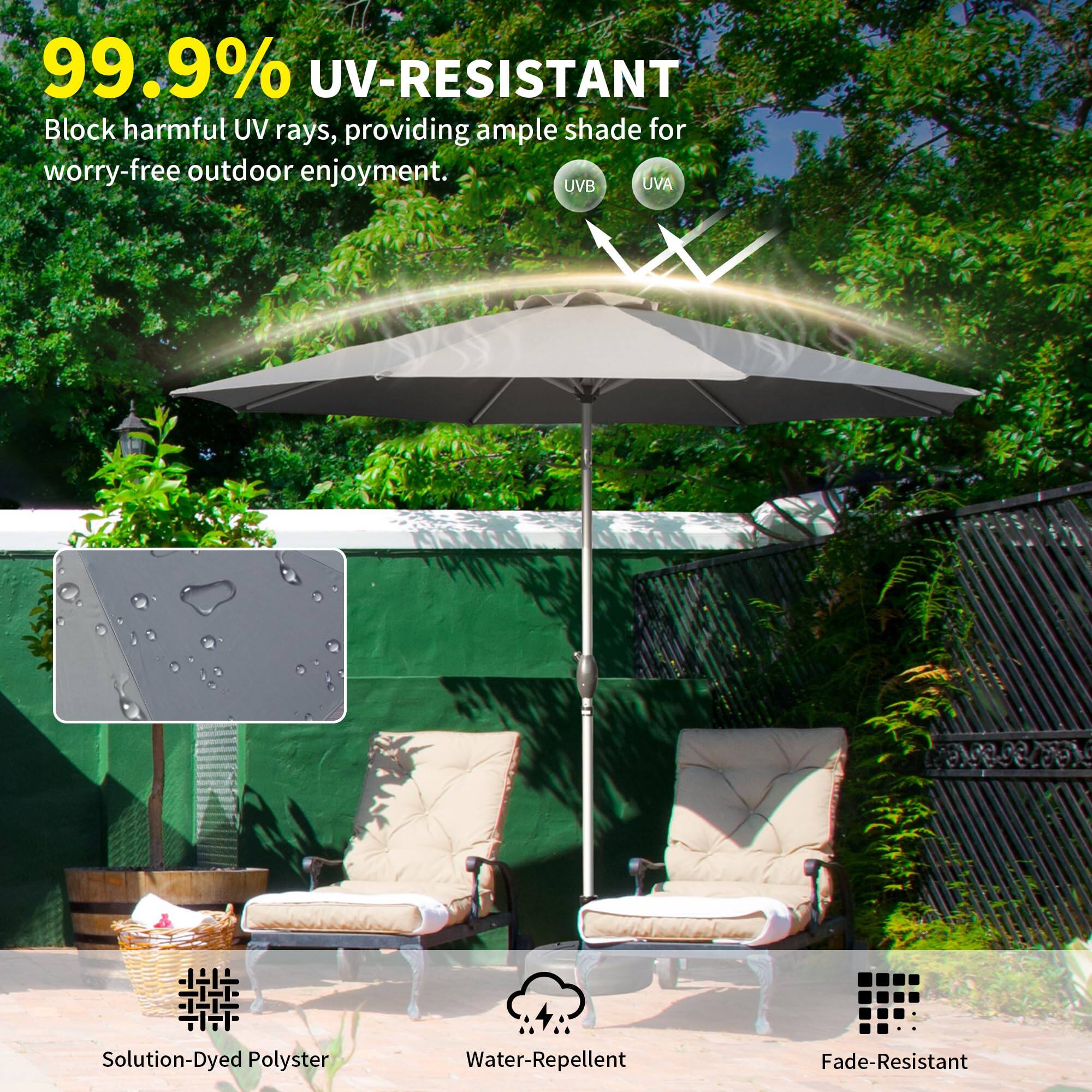 99.9% UV-RESISTANT  
Block harmful UV rays, providing ample shade for worry-free outdoor enjoyment.  

Solution-Dyed Polyester  
Water-Repellent  
Fade-Resistant  

UVB UVA