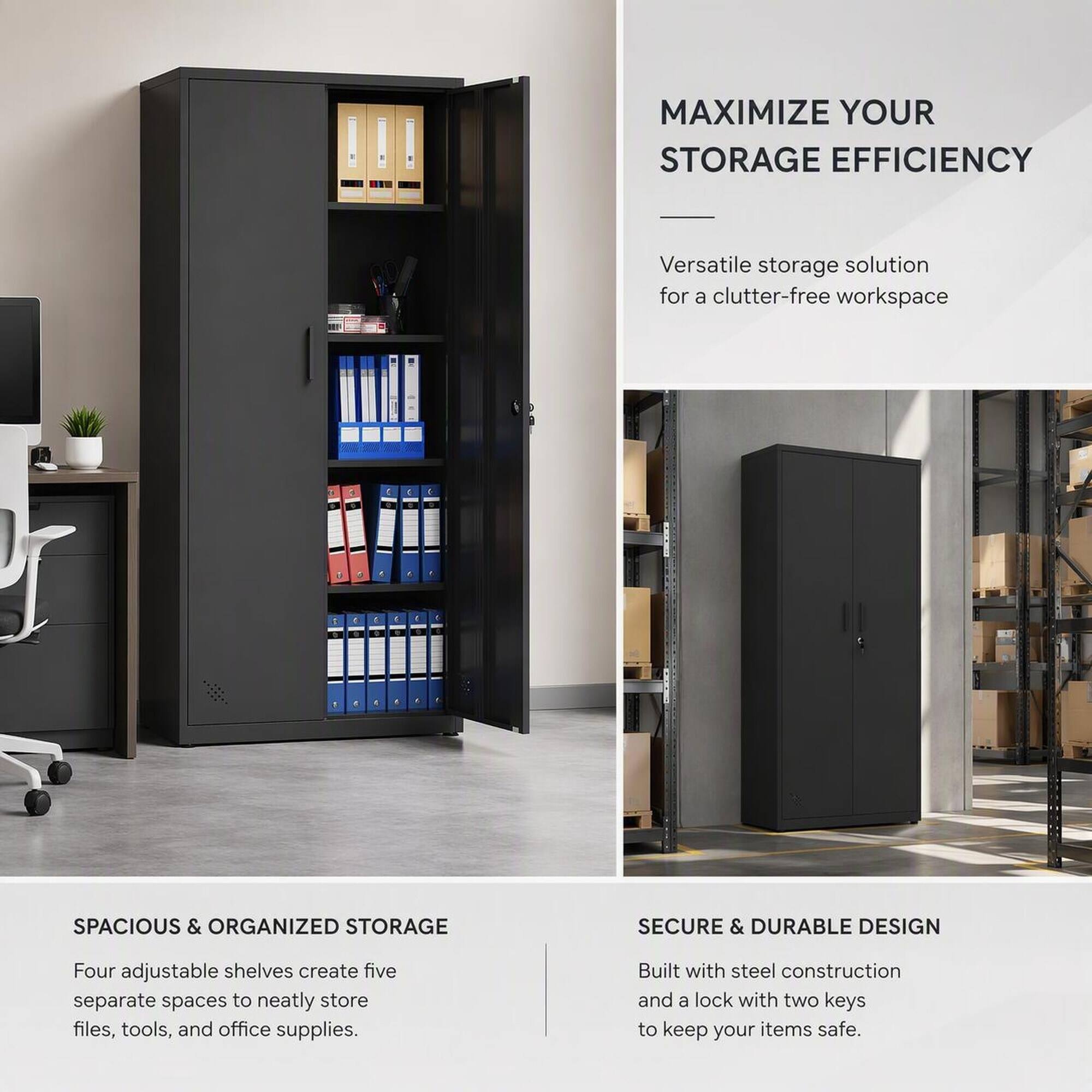 MAXIMIZE YOUR STORAGE EFFICIENCY

Versatile storage solution for a clutter-free workspace

SPACIOUS & ORGANIZED STORAGE

Four adjustable shelves create five separate spaces to neatly store files, tools, and office supplies.

SECURE & DURABLE DESIGN

Built with steel construction and a lock with two keys to keep your items safe.
