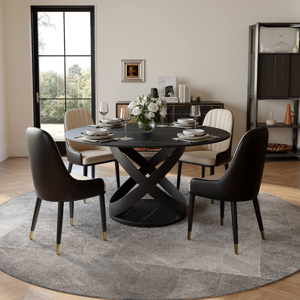 Angle. POVISON - 51" Modern Black Round Dining Table for 4, Matte Sintered Stone Tabletop with Black X Carbon Steel Base - Black Matte Sintered Stone with Black.