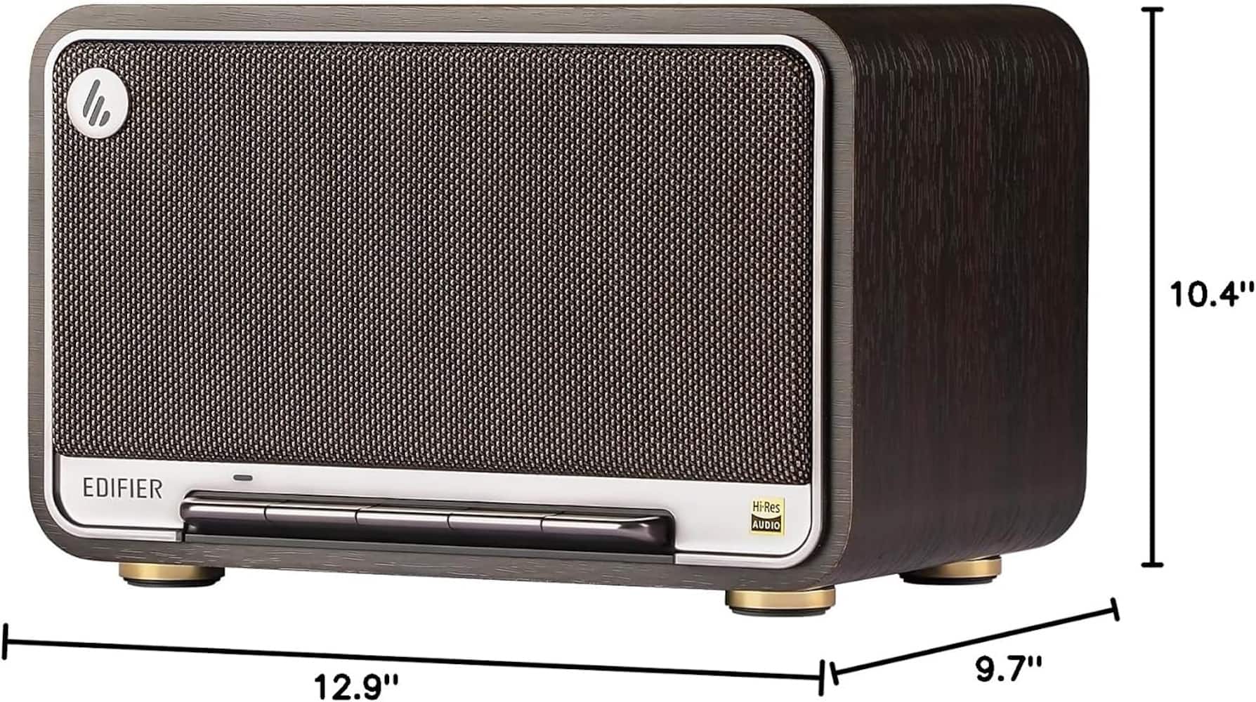 The text on the image reads "10.4" EDIFIER HiRes AUDIO 12.9" 9.7". This suggests that the speaker is a product of the Edifier brand, and it is designed to provide high-resolution audio. The speaker measures 10.4 inches in length, 12.9 inches in width, and 9.7 inches in height.