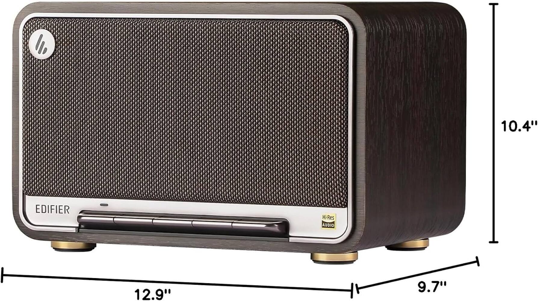 The text on the image reads "10.4" EDIFIER HiRes AUDIO 12.9" 9.7". This suggests that the speaker is a product of the Edifier brand, and it is designed to provide high-resolution audio. The speaker measures 10.4 inches in length, 12.9 inches in width, and 9.7 inches in height.
