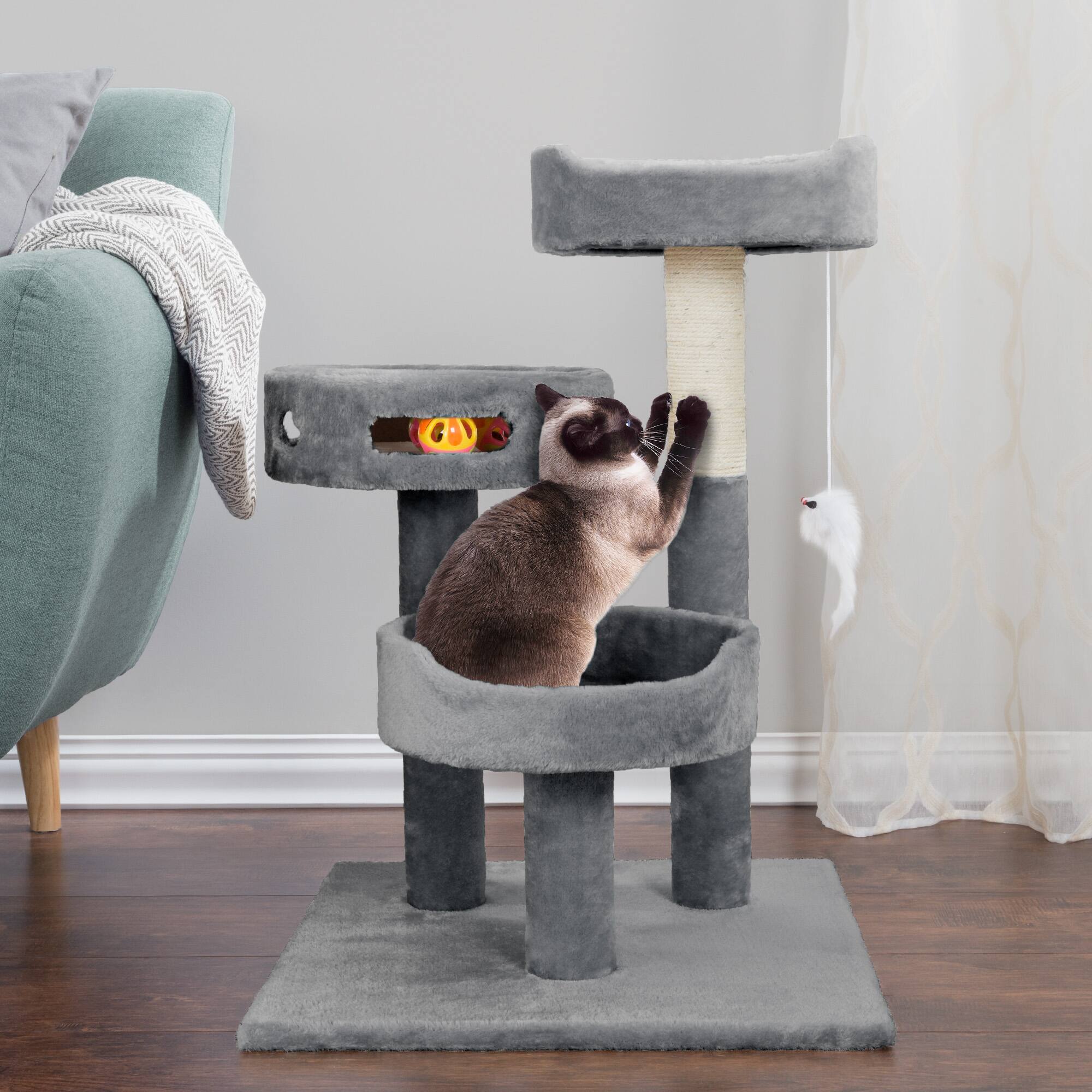 Alt View 4. PetMaker - Cat Tree 3-Tier Tall Cat Tower Condo with 2 Napping Perches, Sisal Rope Scratching Post, Hanging Mouse and Wheel Toy - Gray.