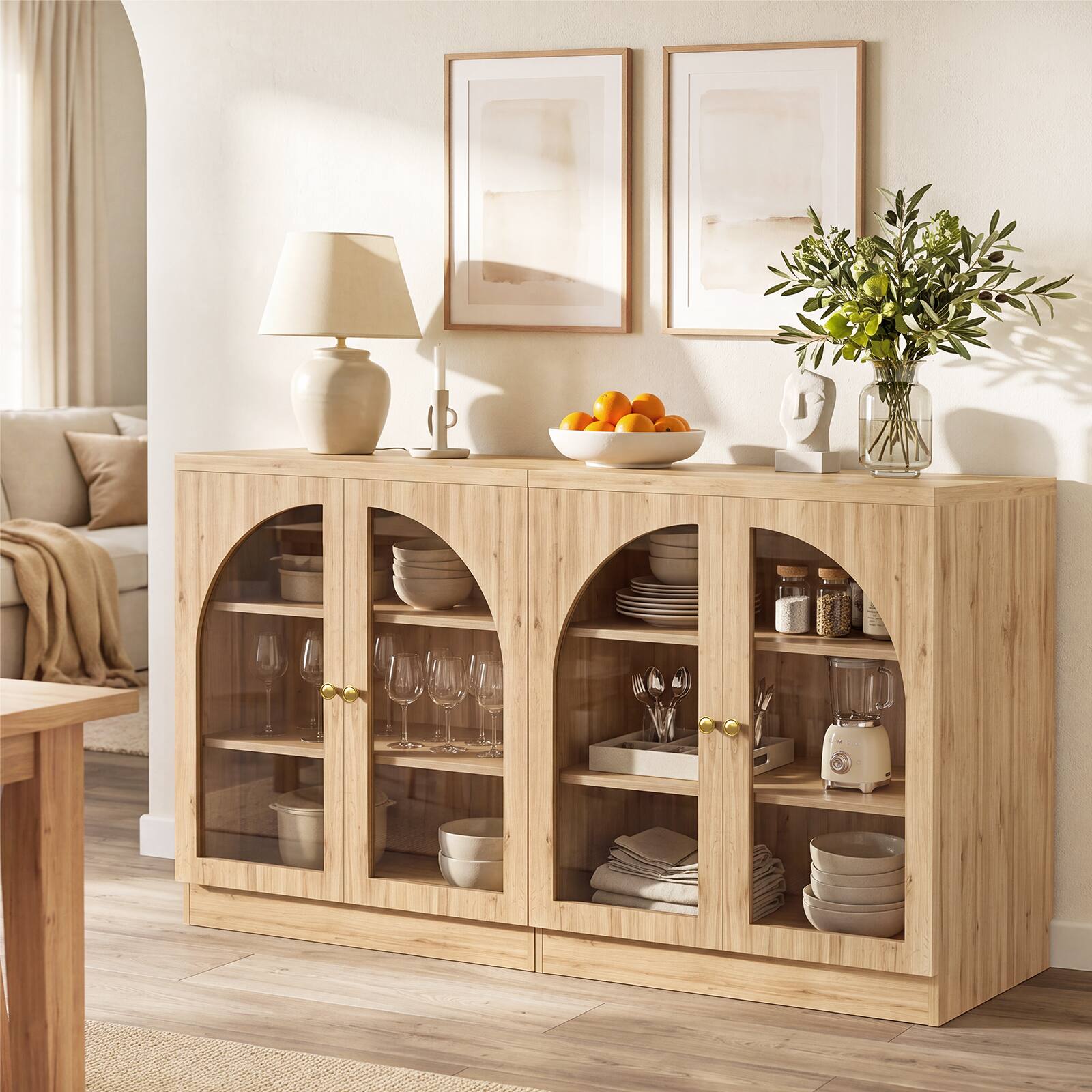 Alt View 4. Aheaplus - 63 Inch Wide Modern Sideboard Buffet Set of 2, with Arched Tempered Glass Doors & Adjustable Shelves - Nature.