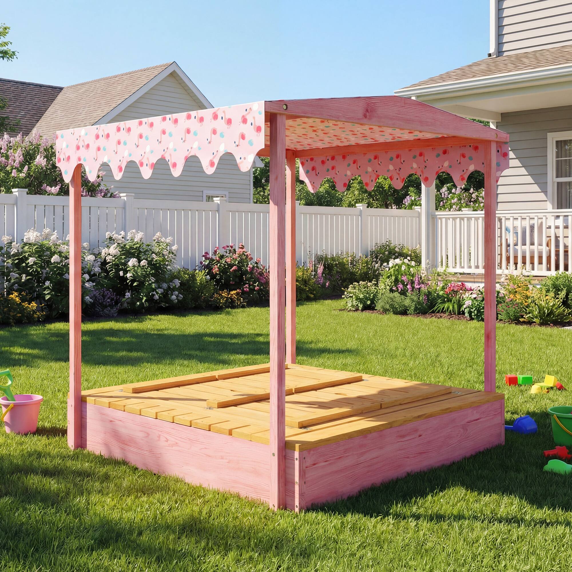 Alt View 8. Qaba - Sandbox with Cover, Kids Sandbox Outdoor with Seat, Bottom Liner, Canopy for Ages 3-6 - Pink.