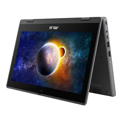 Front. ASUS - Asus 11.6" Touchscreen 2 in 1 Notebook HD Intel Celeron N100- 4 GB RAM(On-board),128 GB SSD,Win 11pro, Mineral Gray - Grey.